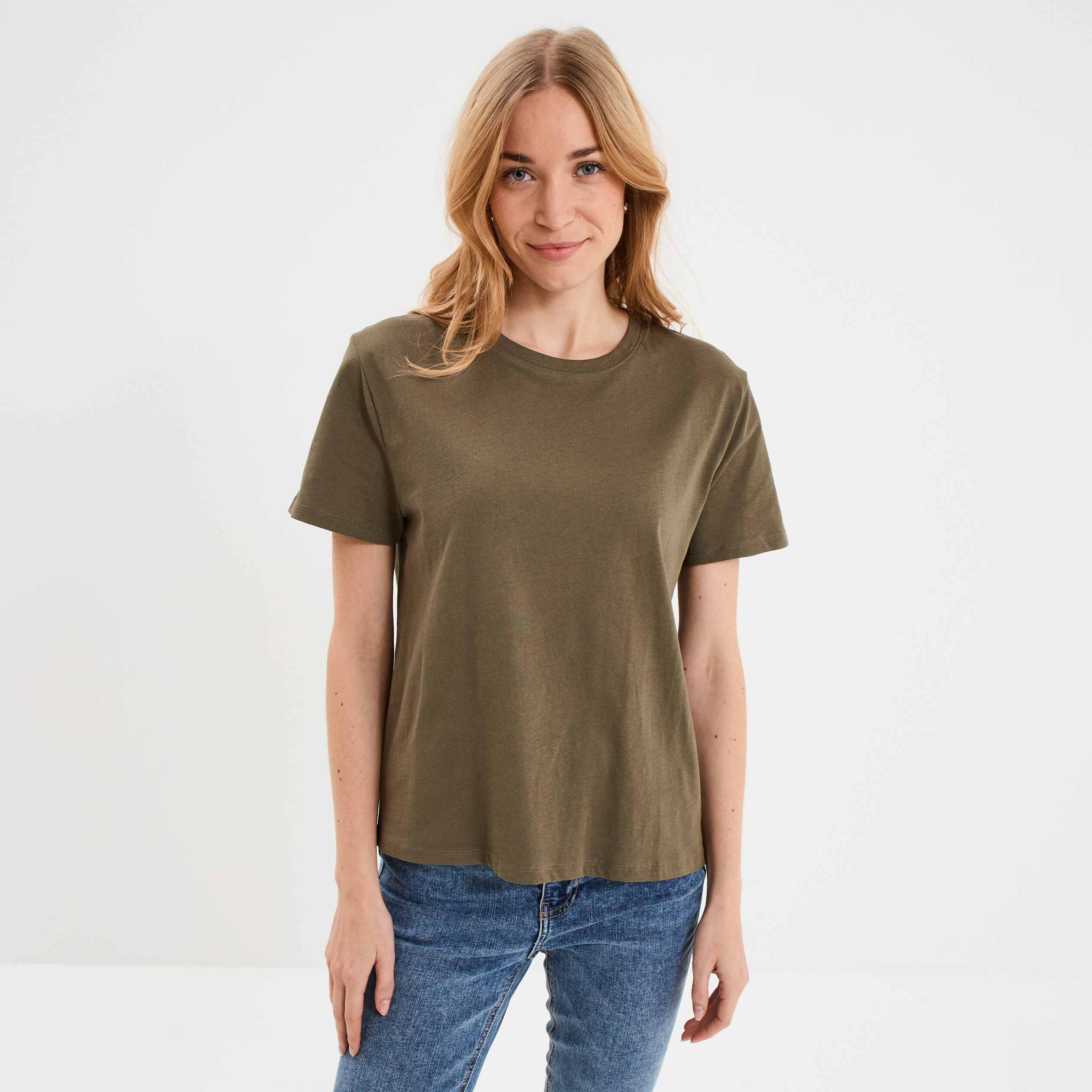T-shirt col rond manches courtes coton vert kaki femme