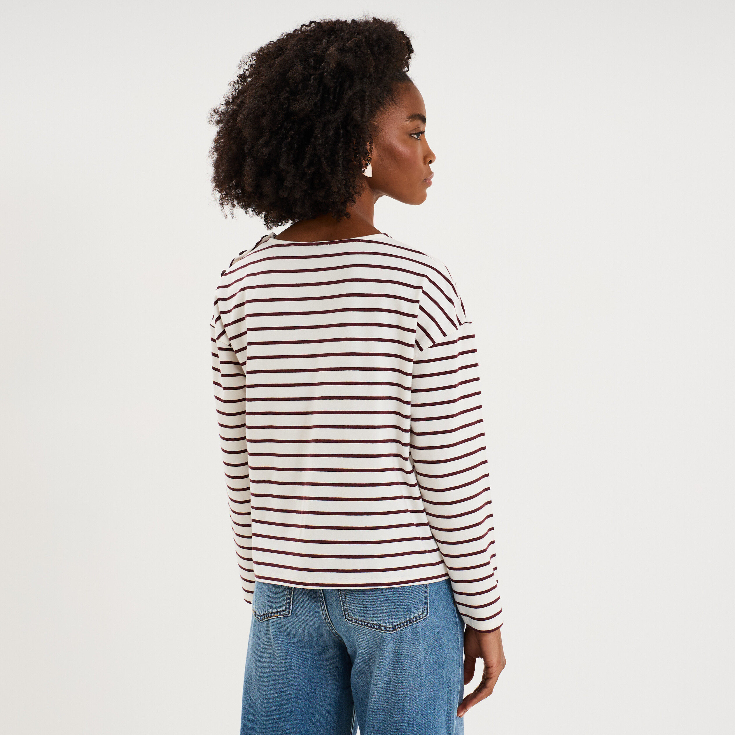 T-shirt marini&egrave;re col rond avec boutons ecru femme