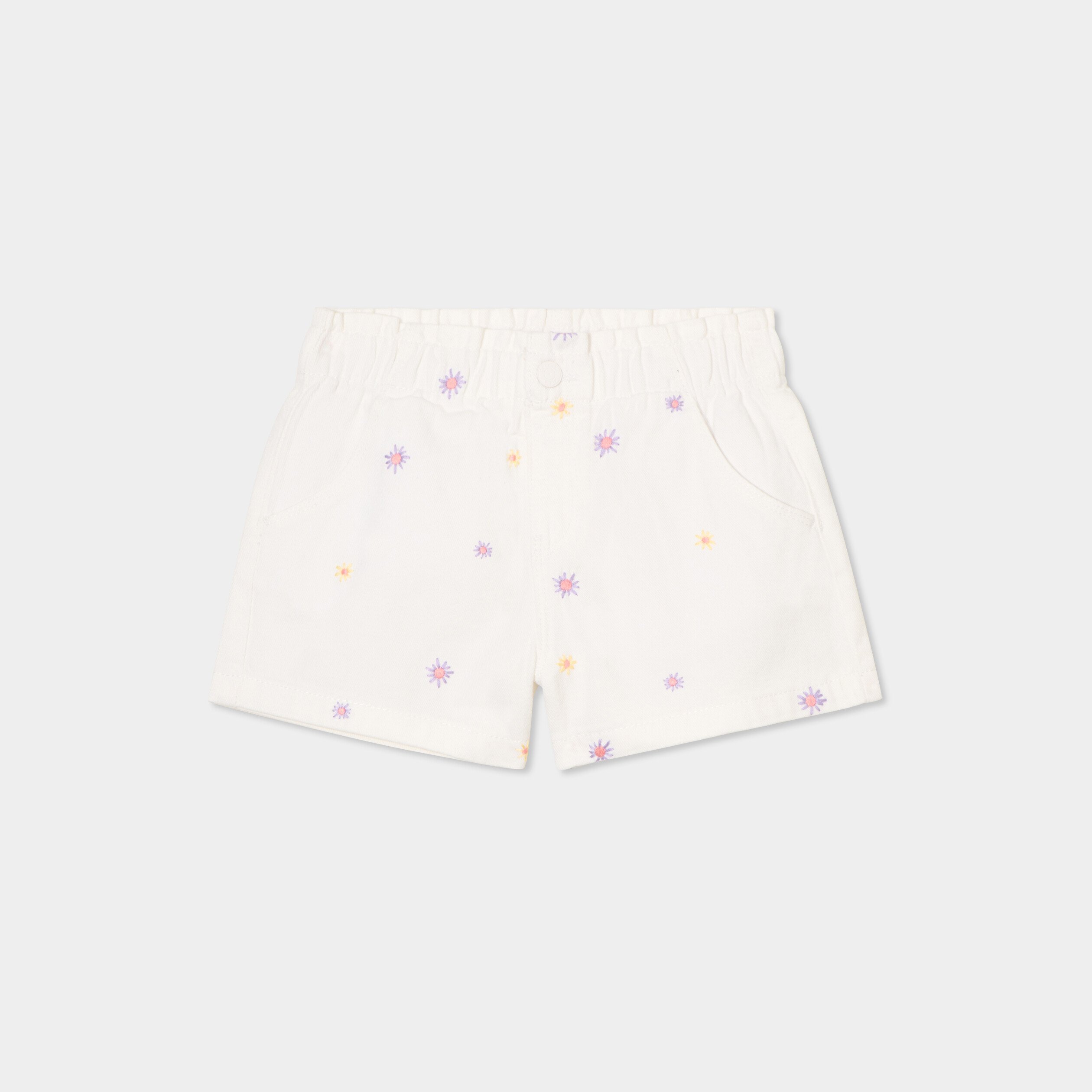 short brode taille elastiquee coton ecru fille Short brodé taille élastiquée coton ecru fille