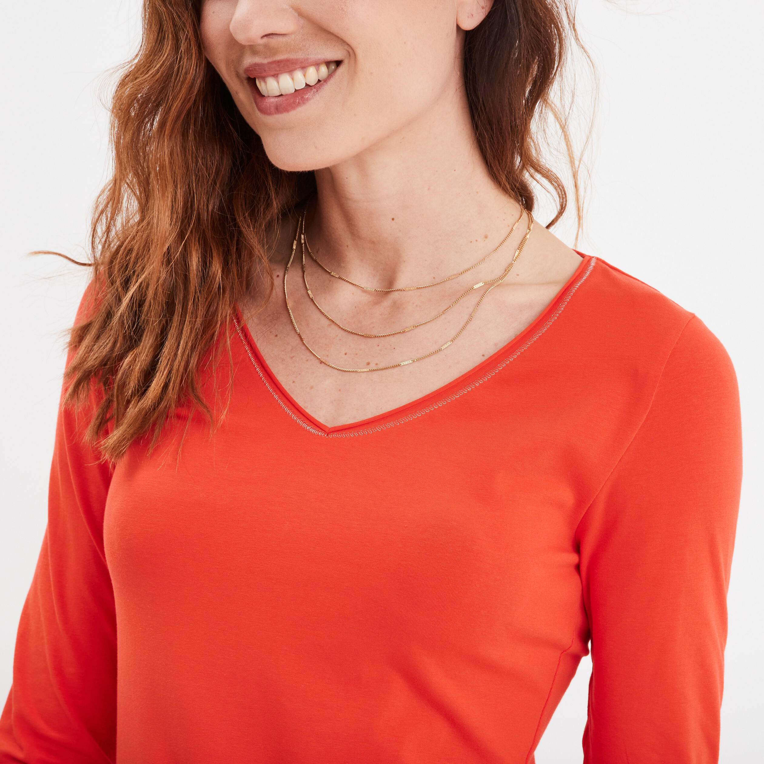 t shirt manches longues col en v coton orange femme T-shirt manches longues col en V coton orange femme