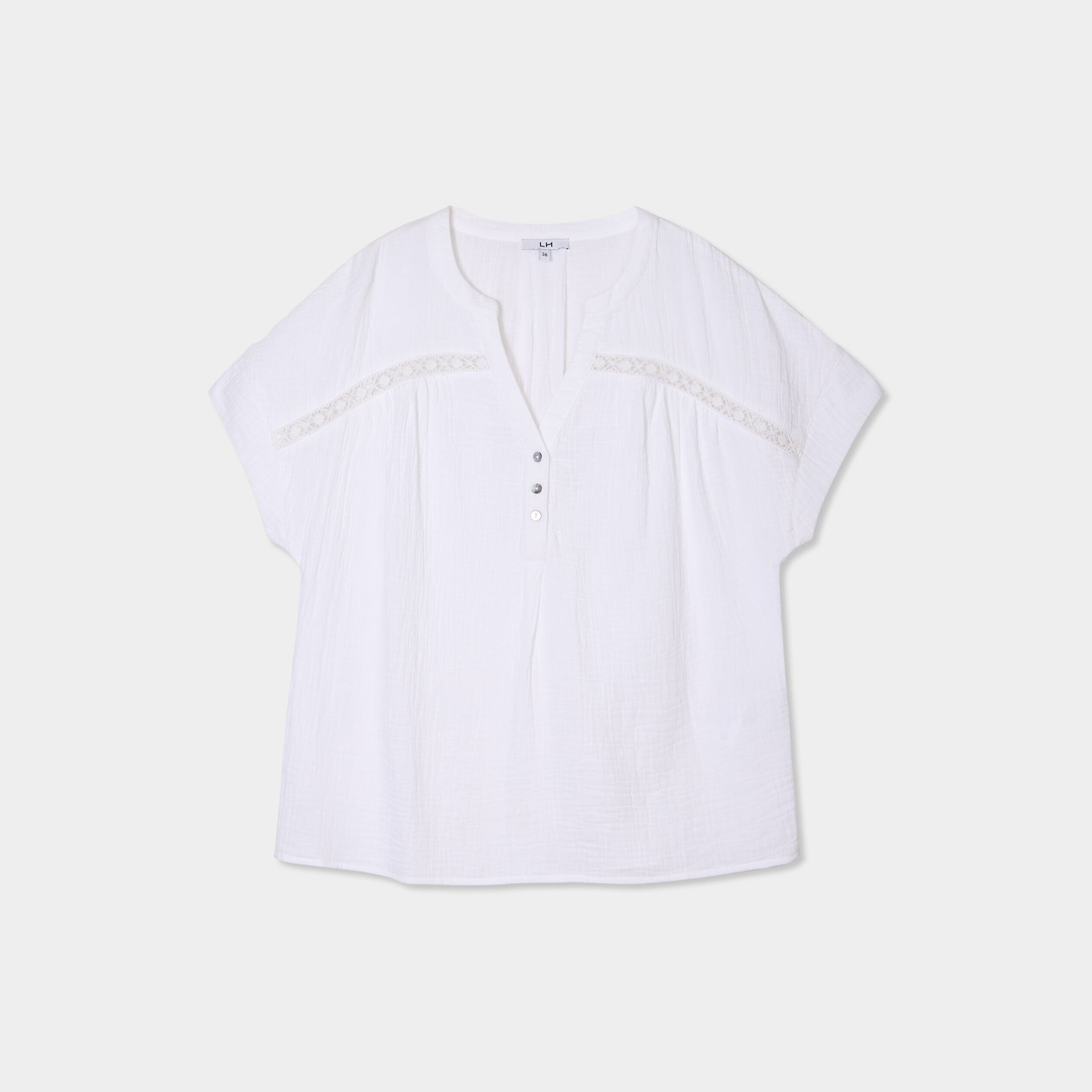 Blouse Col tunisien gaze de coton blanc femme