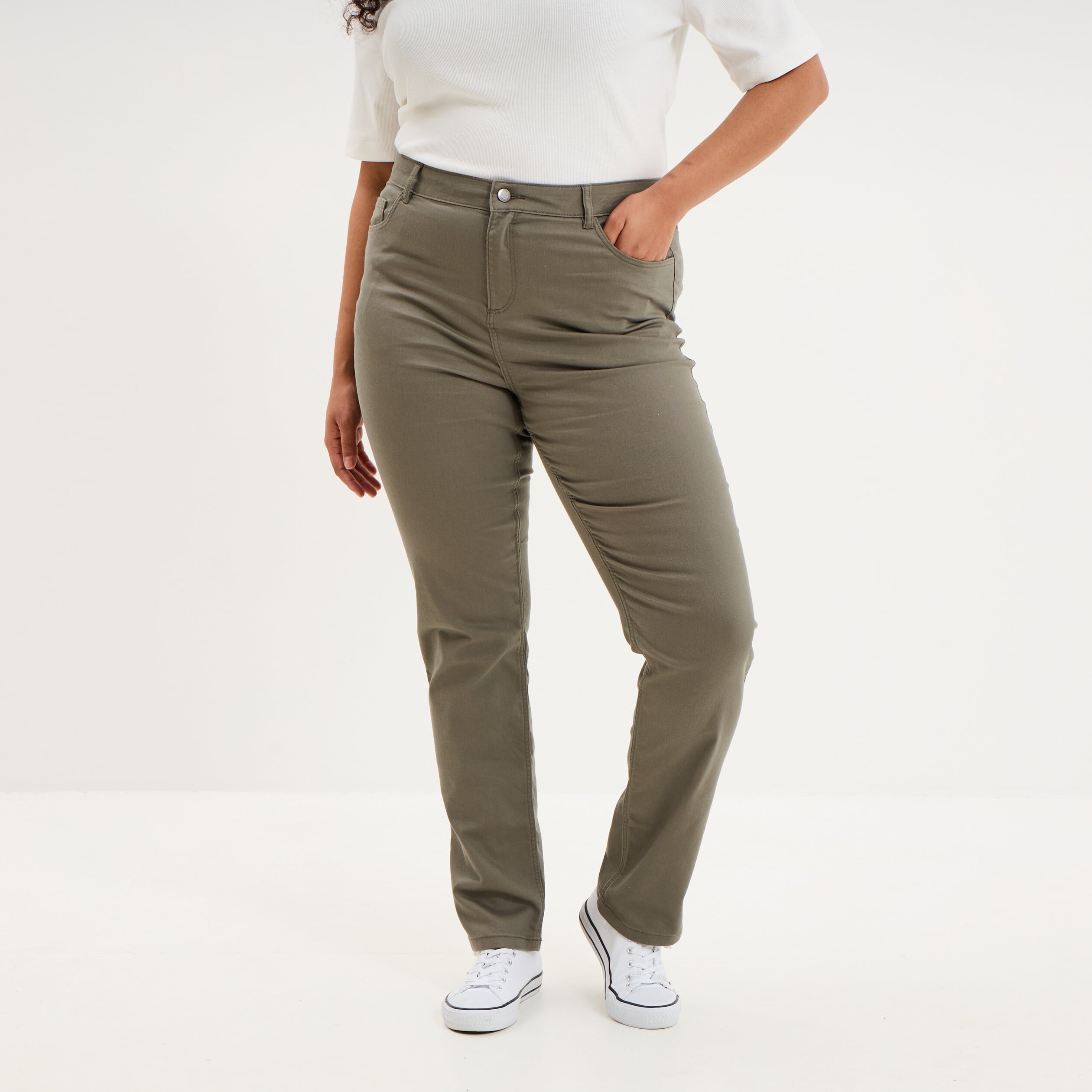 Pantalon droit taille haute extensible vert kaki femme grande taille