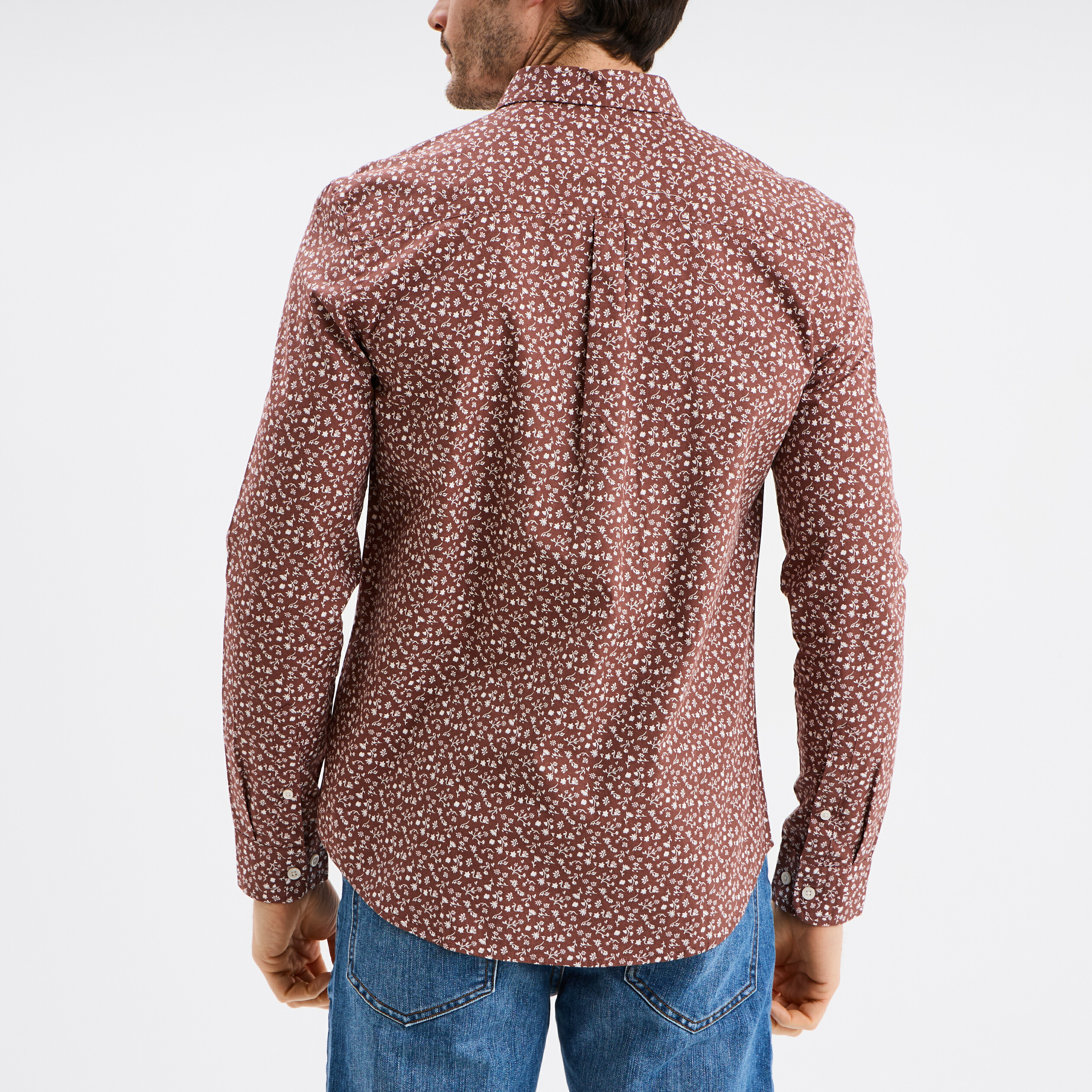Chemise droite imprim&eacute;e manches longues marron homme
