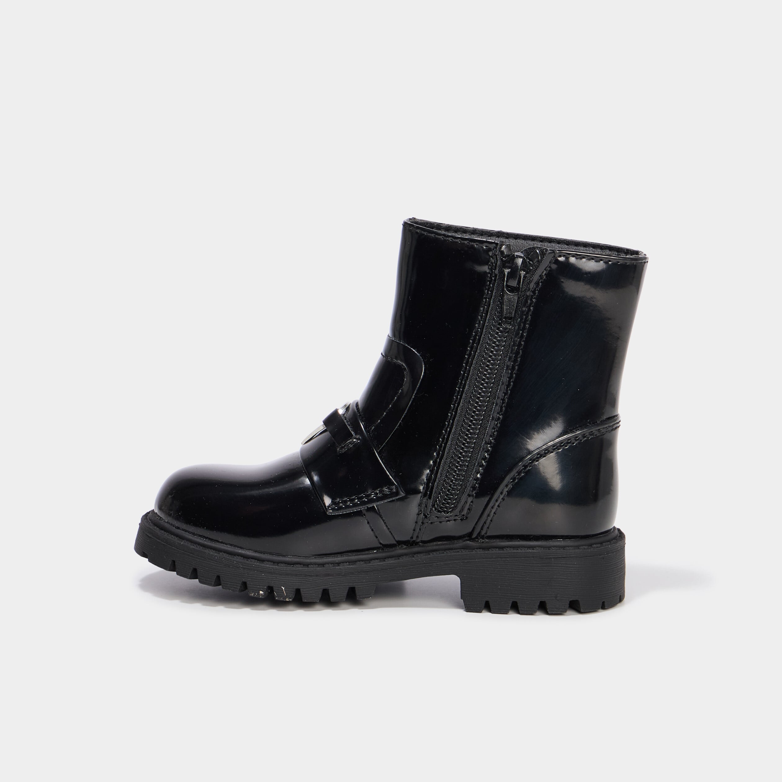 Boots vernies d&eacute;tails bijoux coeur noir fille