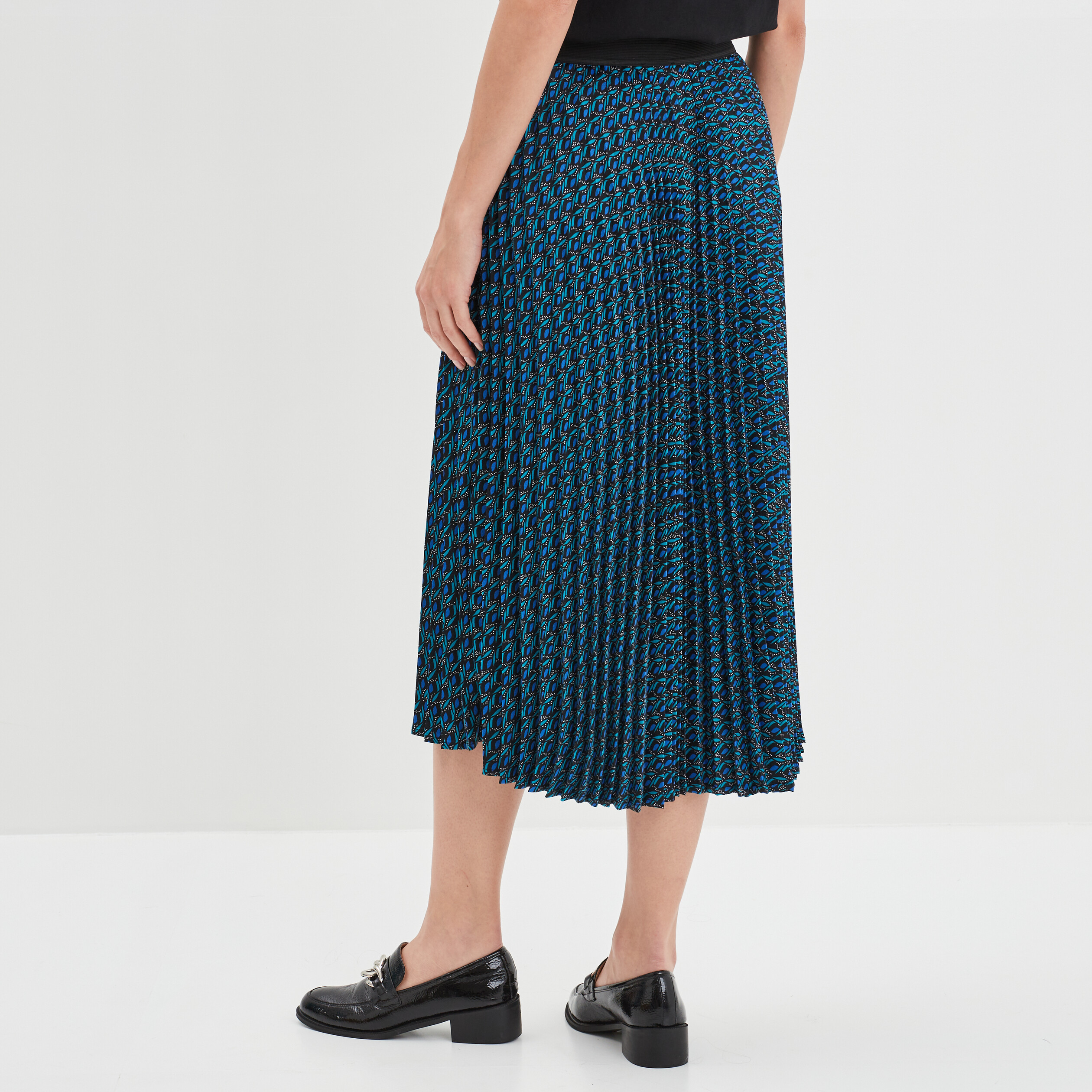 Jupe midi pliss?�e en satin bleu marine femme | La Halle