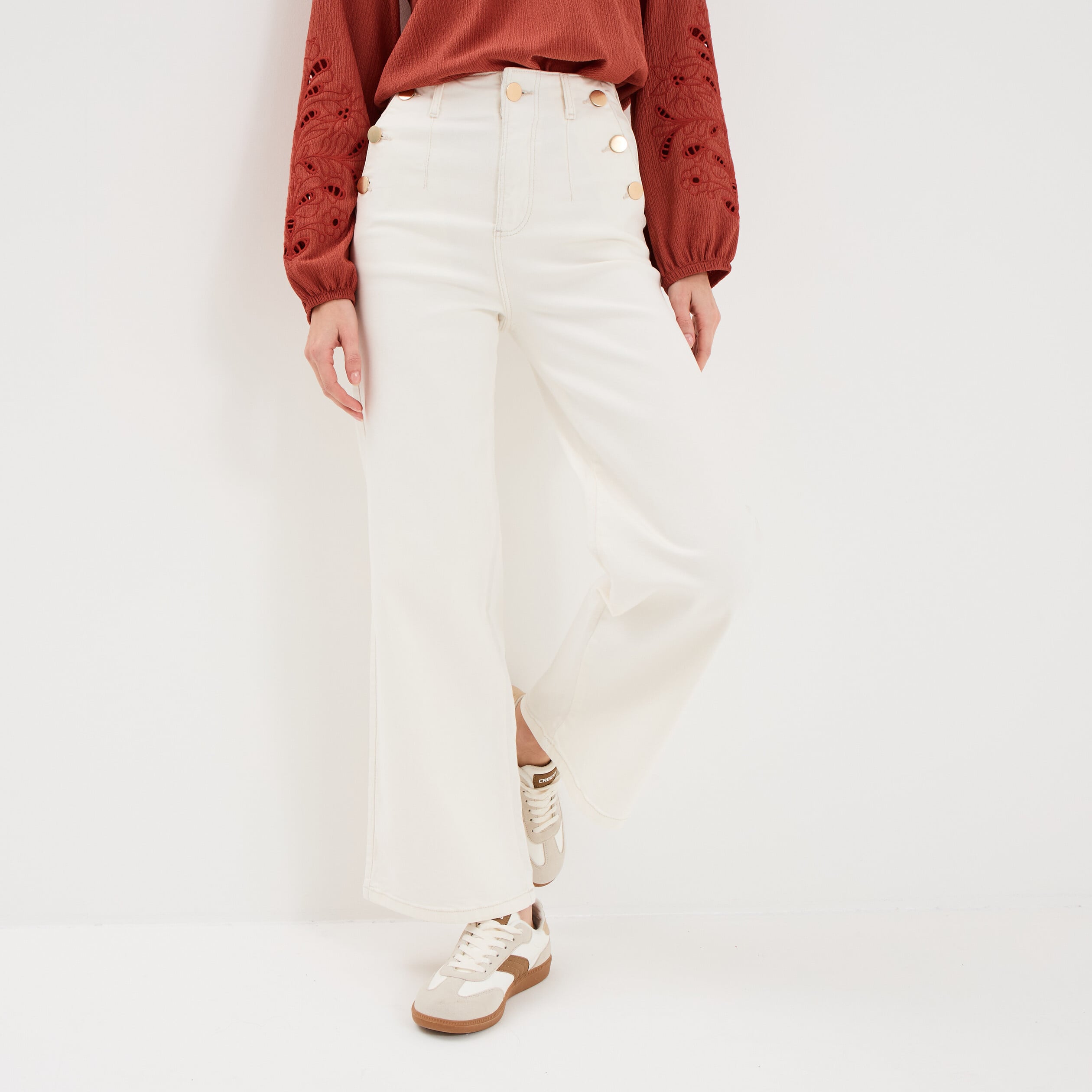 Pantalon cropped large &agrave; pont ecru femme