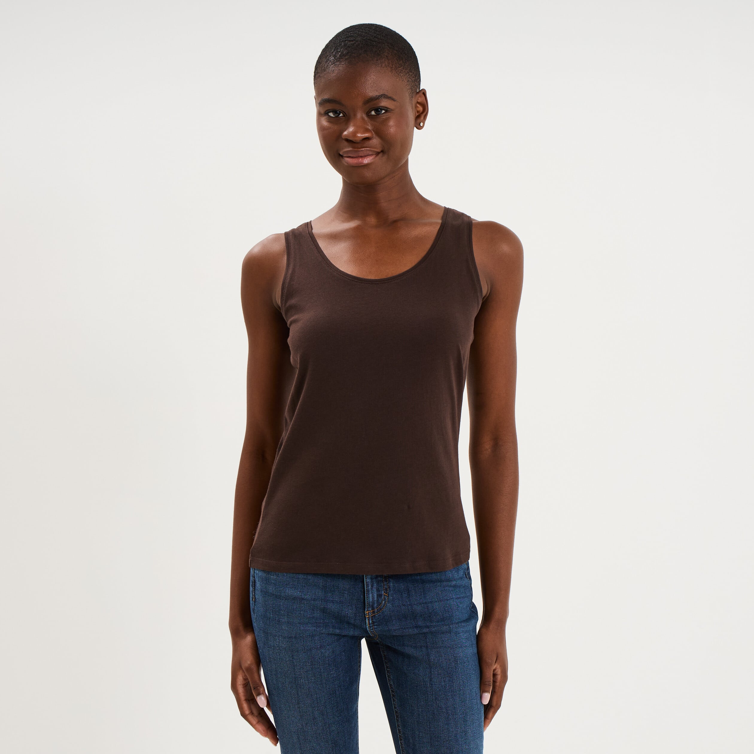 D&eacute;bardeur bretelles larges coton marron fonc&eacute; femme