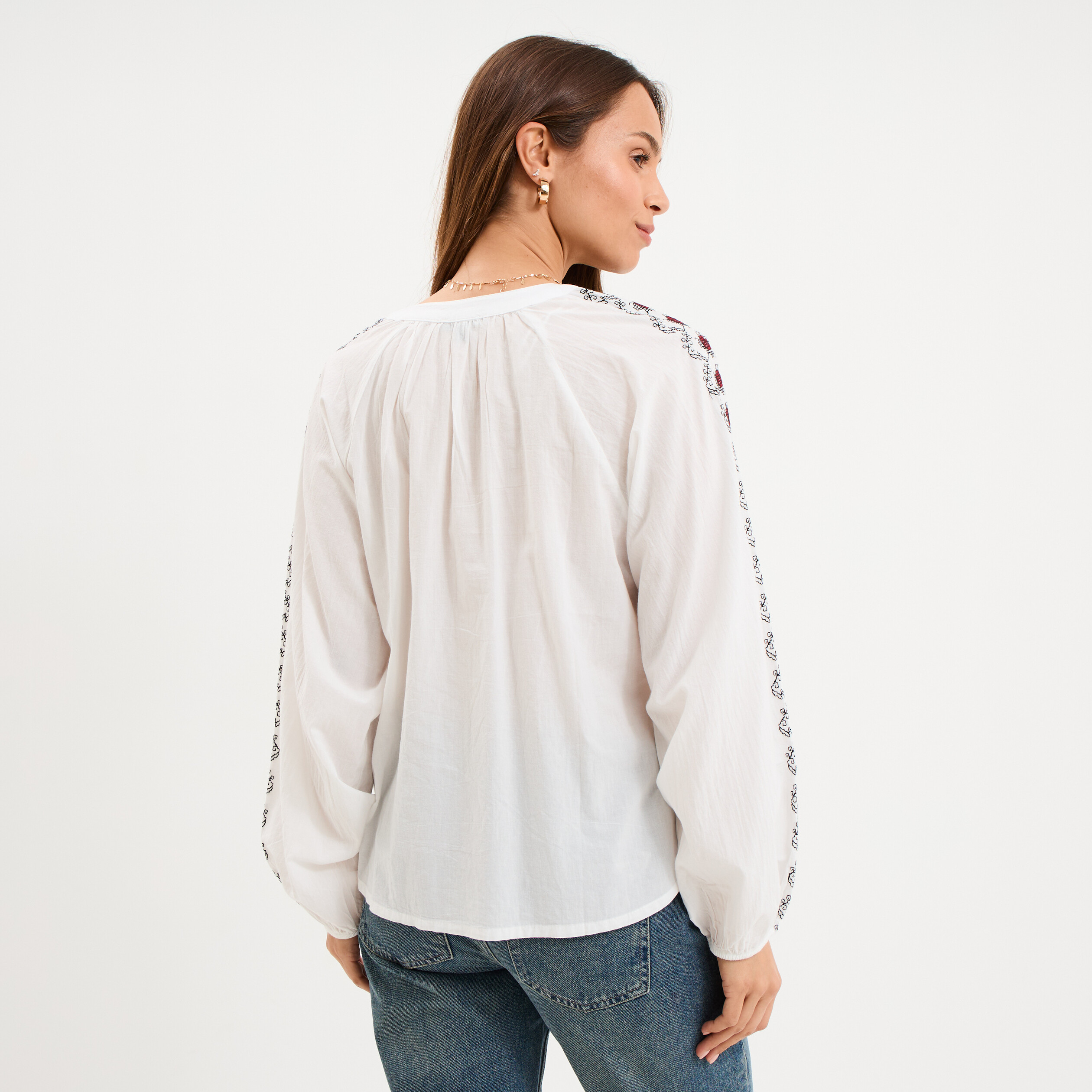 Blouse brod&eacute;e oversize coton blanc femme