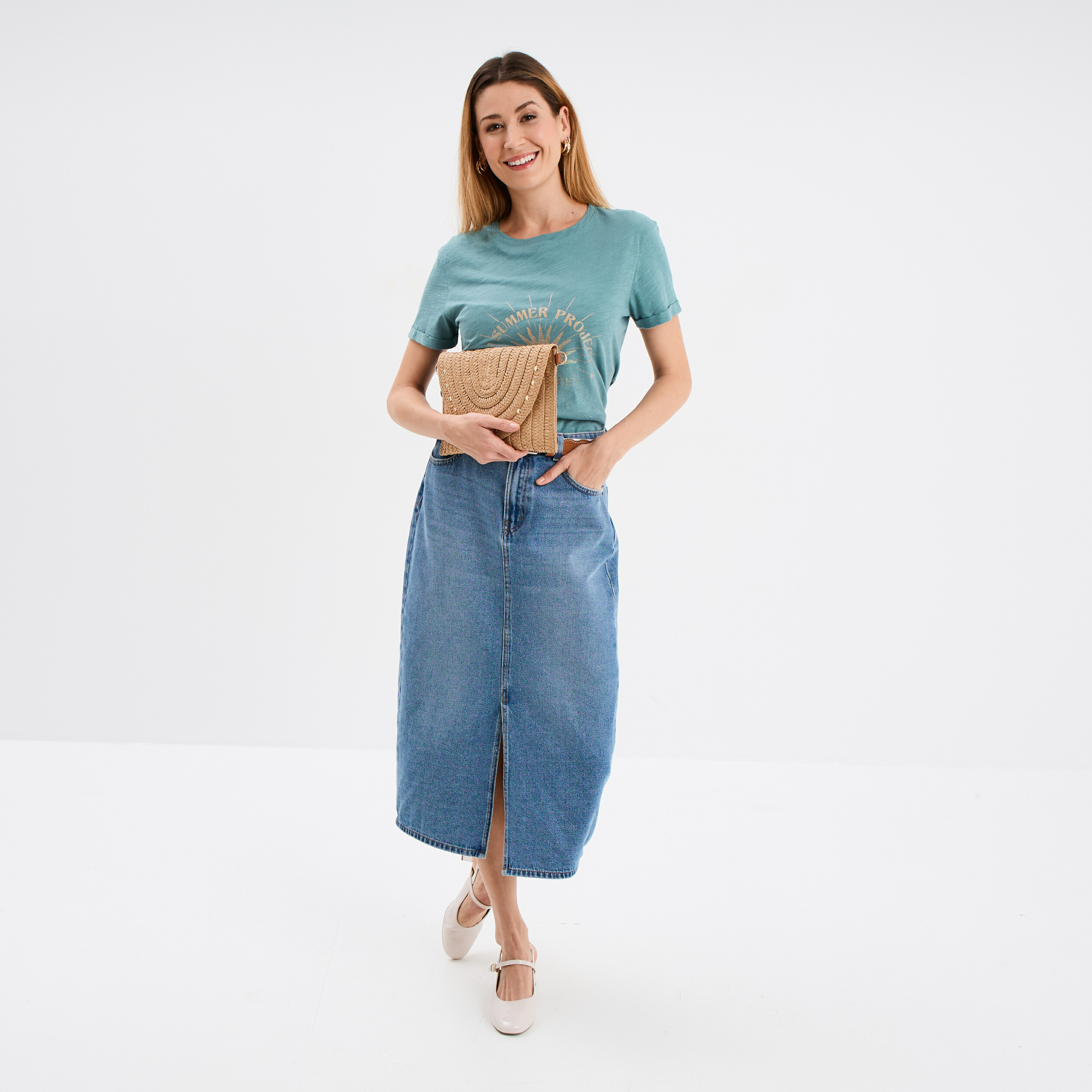 T-shirt manches courtes coton vert canard femme