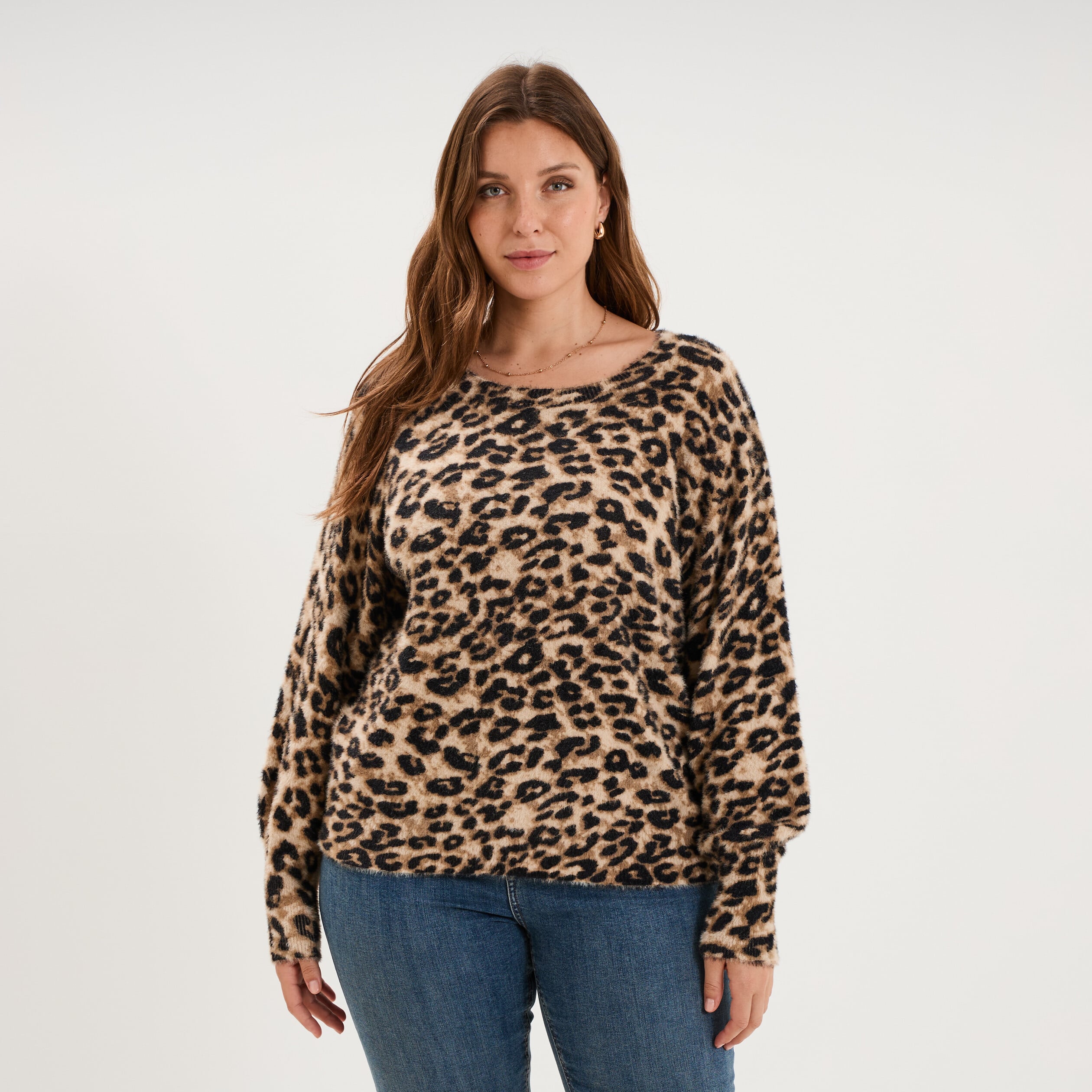 Pull manches longues col rond beige femme grande taille