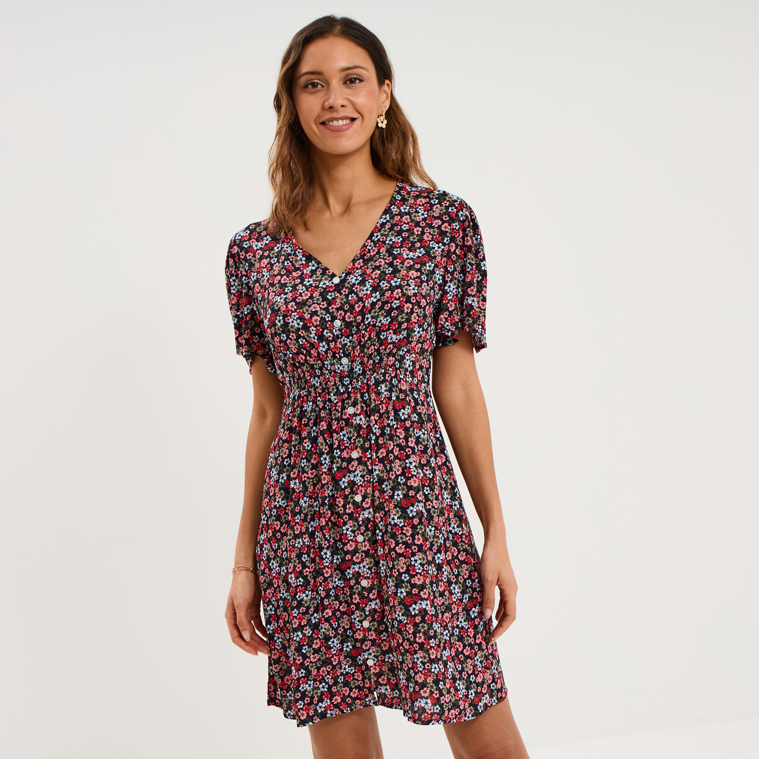 Robe courte fluide manches courtes col V noir femme