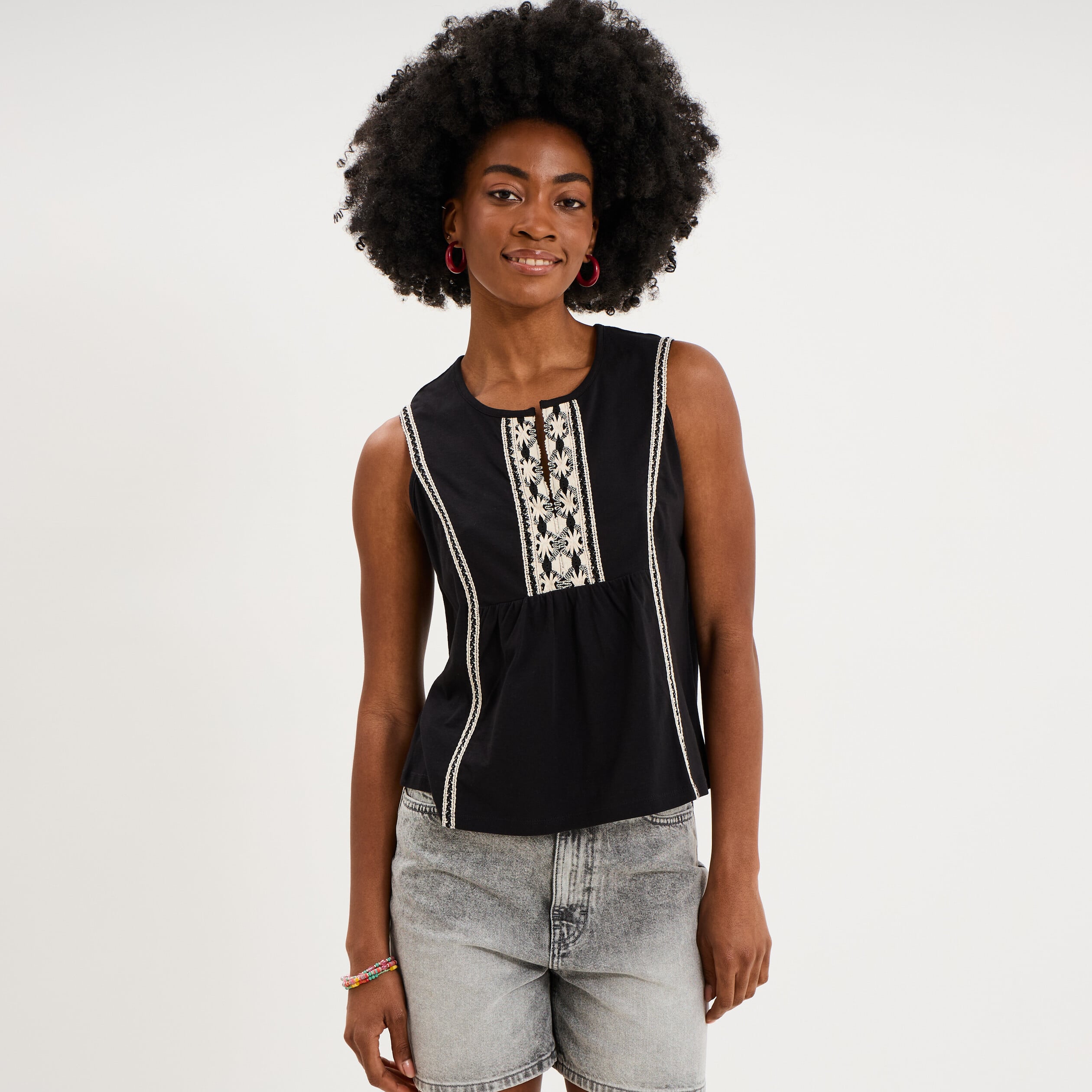 Blouse sans manches col tunisien coton noir femme