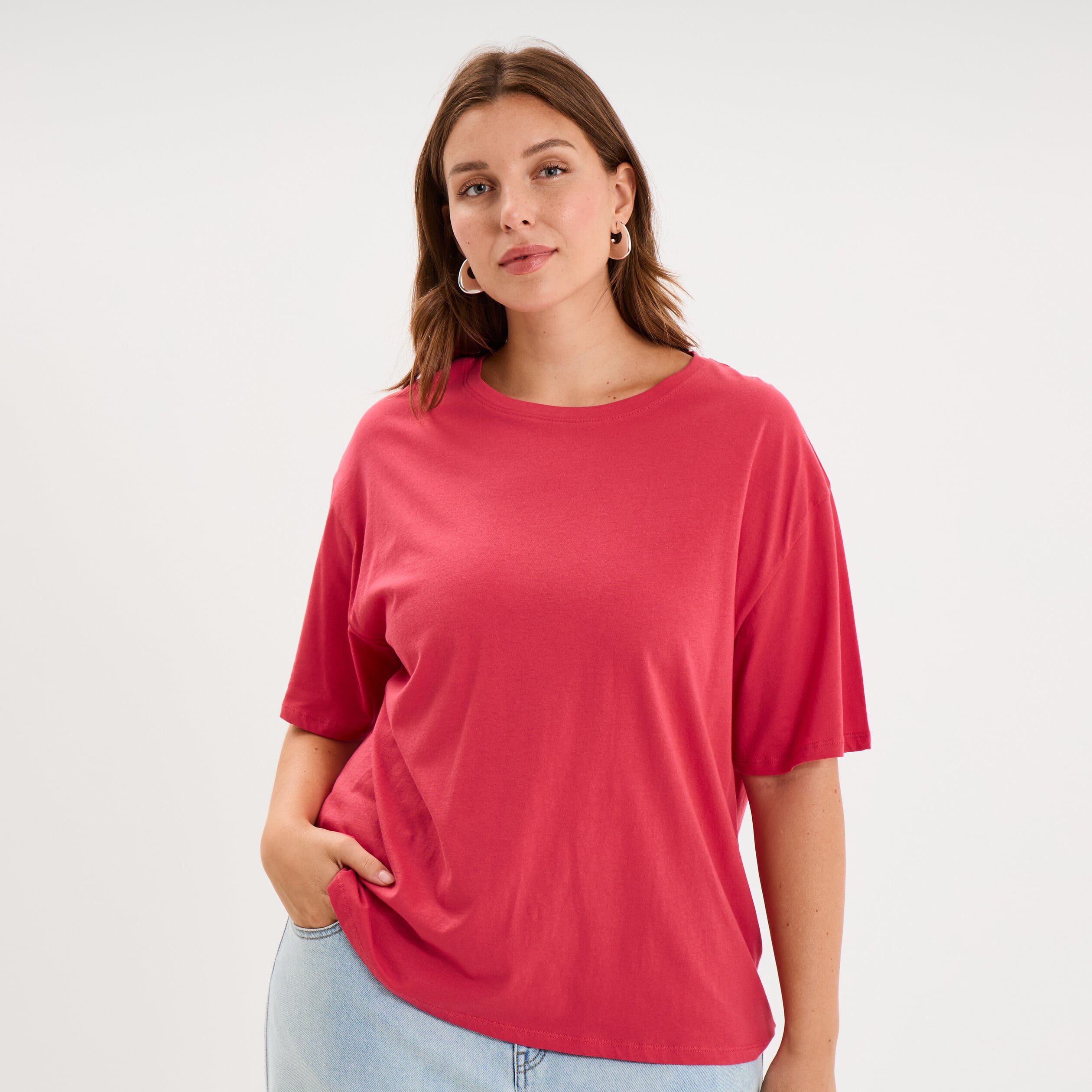 T-shirt col rond manches courtes coton rose cerise femme grande taille
