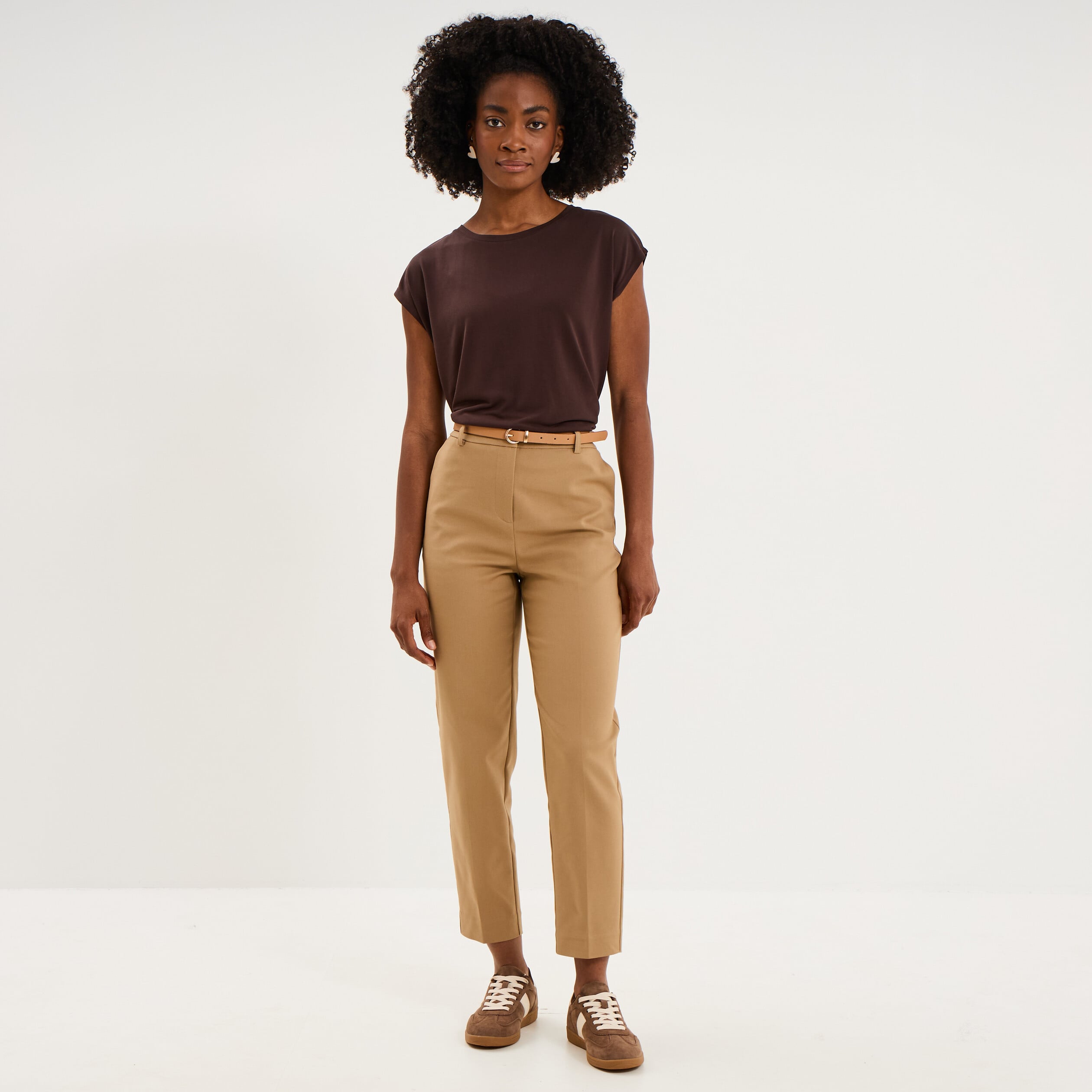 T-shirt manches courtes coupe droite marron fonc&eacute; femme