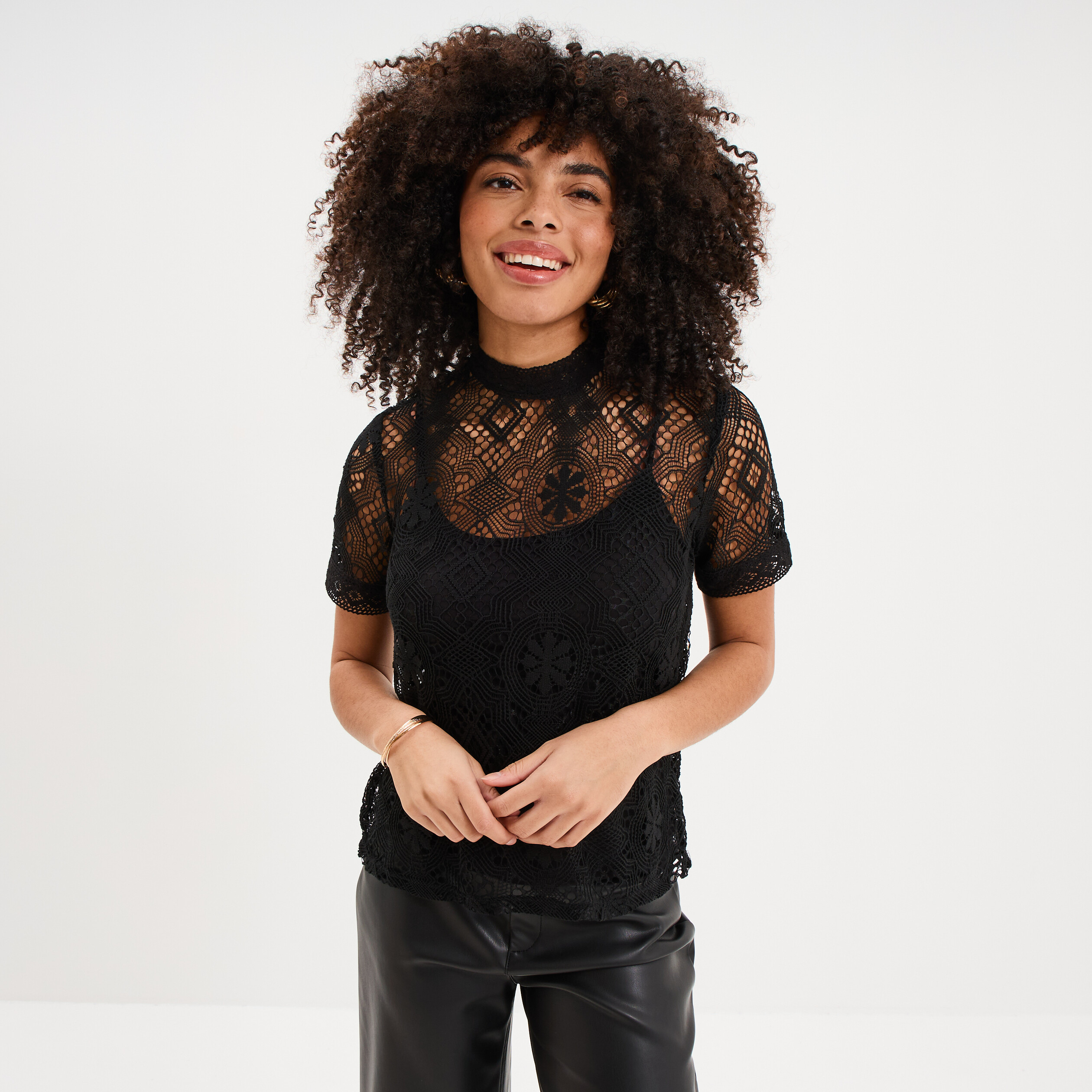 T-shirt dentelle manches courtes noir femme