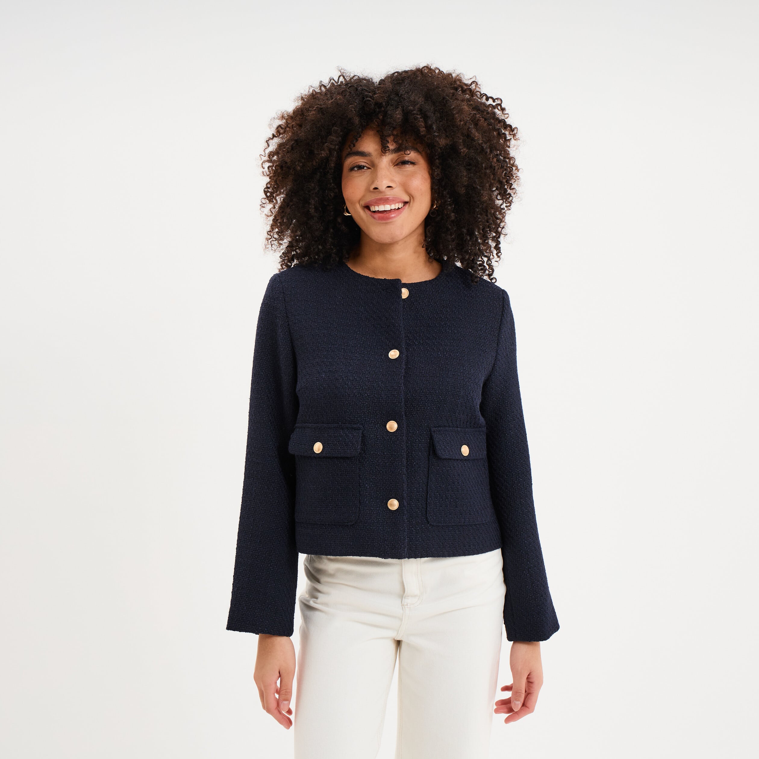 Veste effet tweed boutonn&eacute;e bleu fonc&eacute; femme