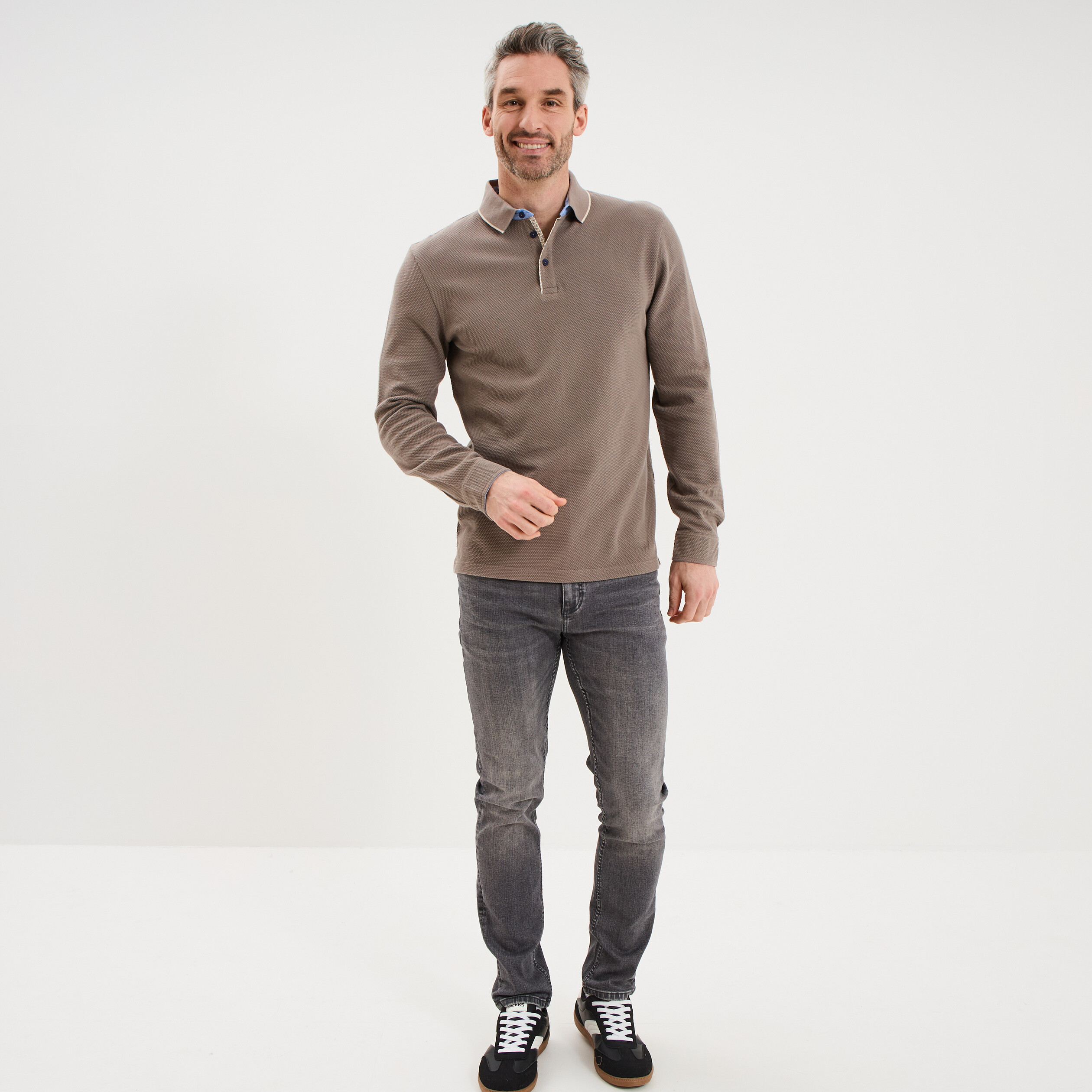 Polo piqu&eacute; droit manches longues coton gris homme
