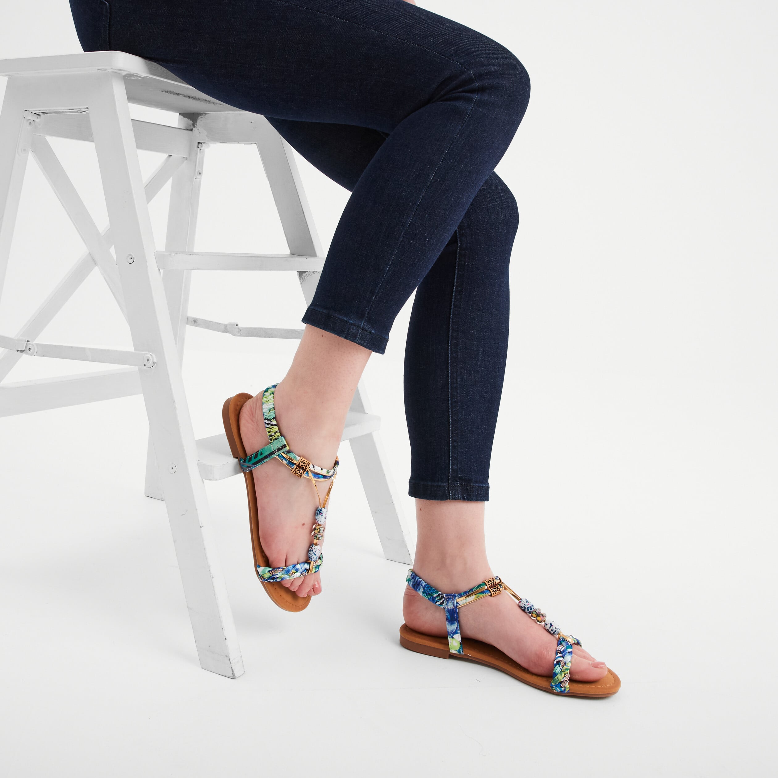 Sandales foulard et perles &eacute;lastiqu&eacute;es bleu femme