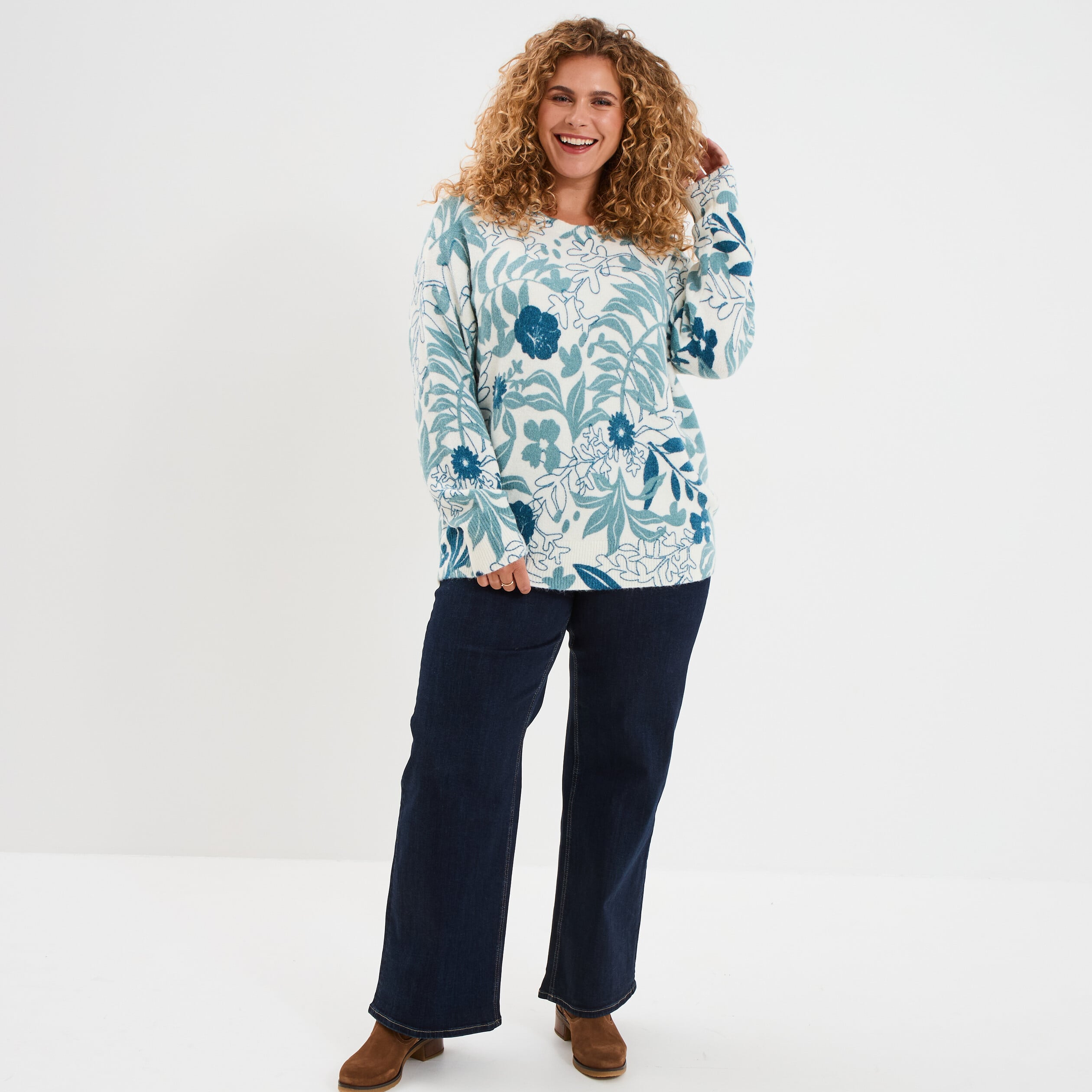 Pull col rond manches longues ecru femme grande taille