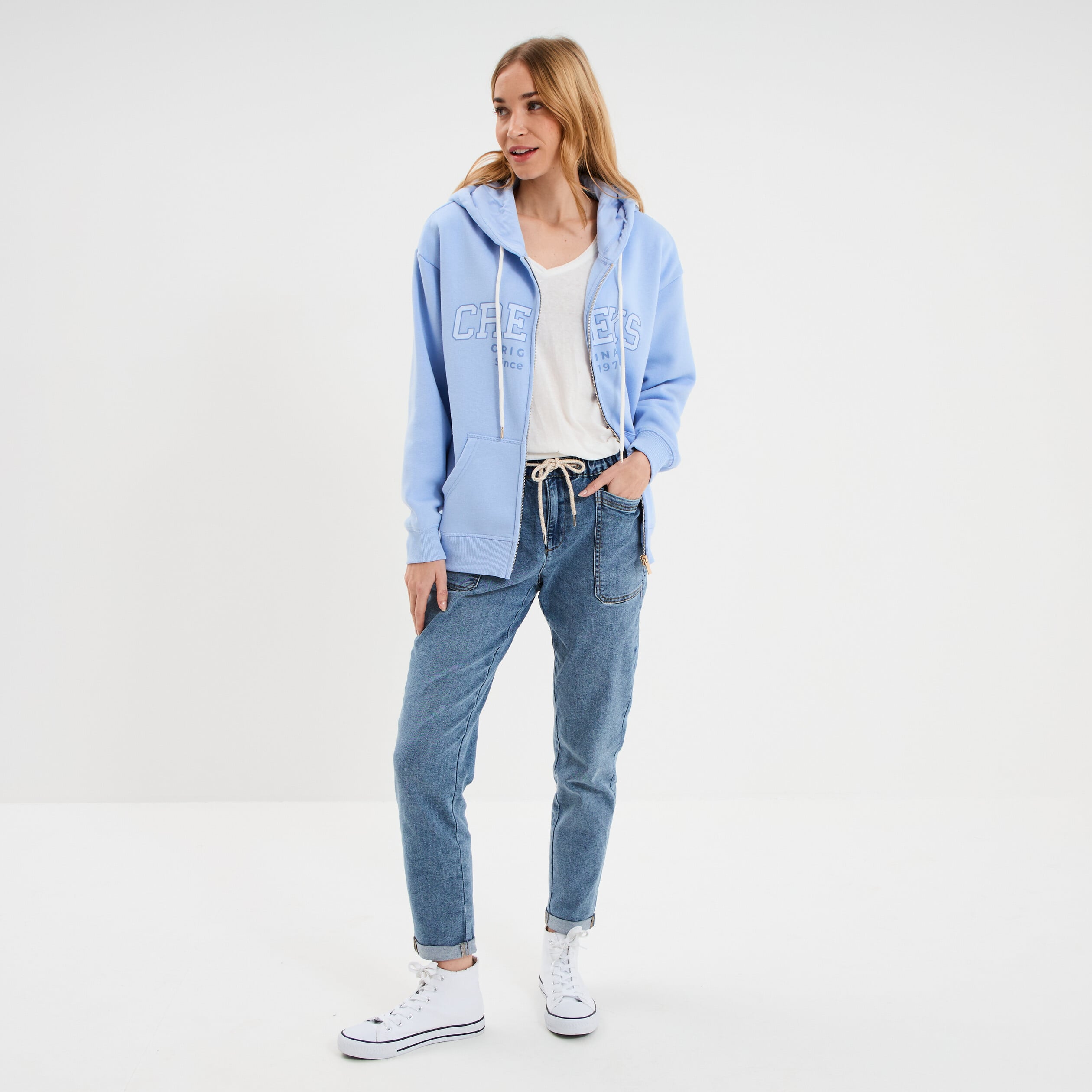 T-shirt col v poche poitrine blanc femme
