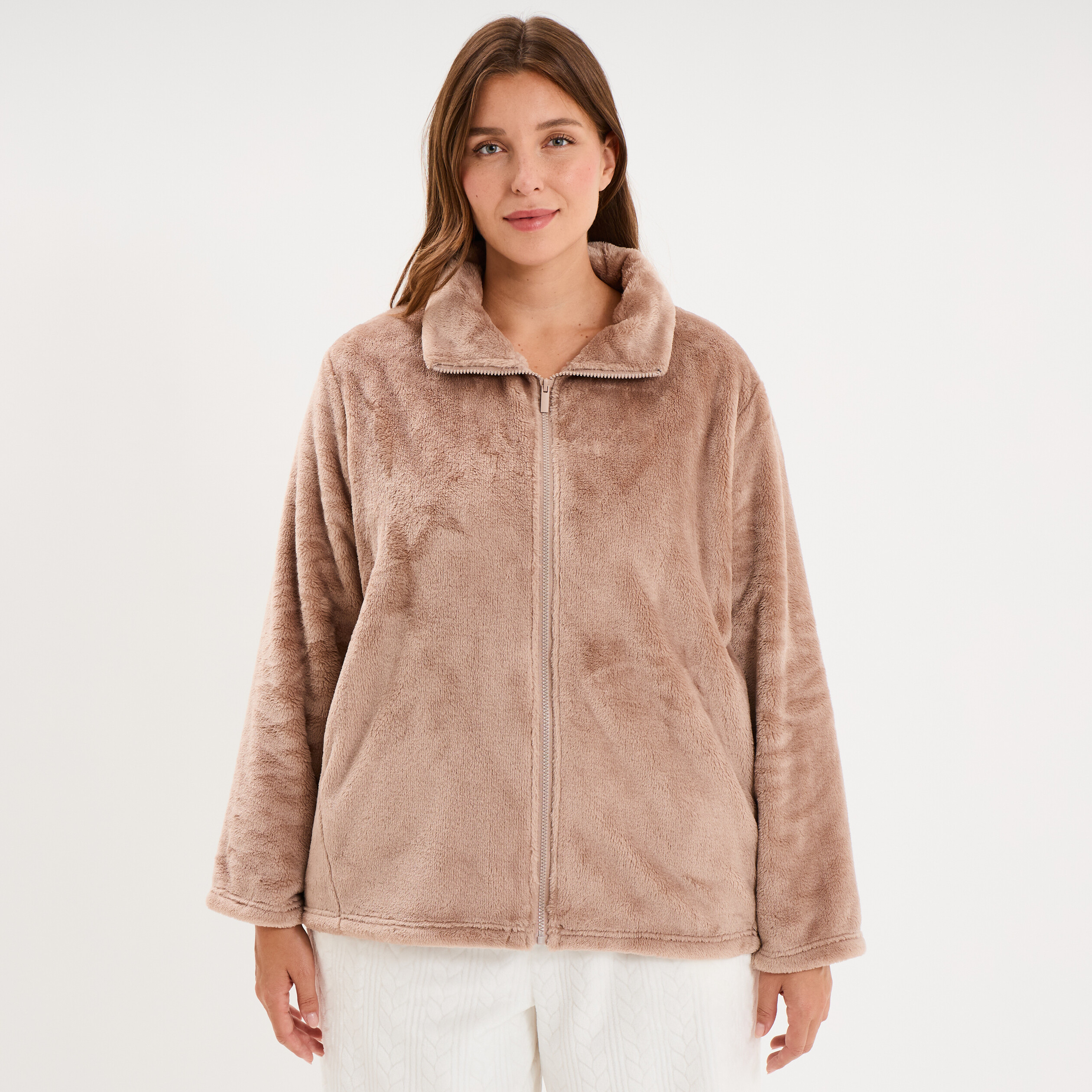 Veste pyjama effet polaire col montant beige femme grande taille