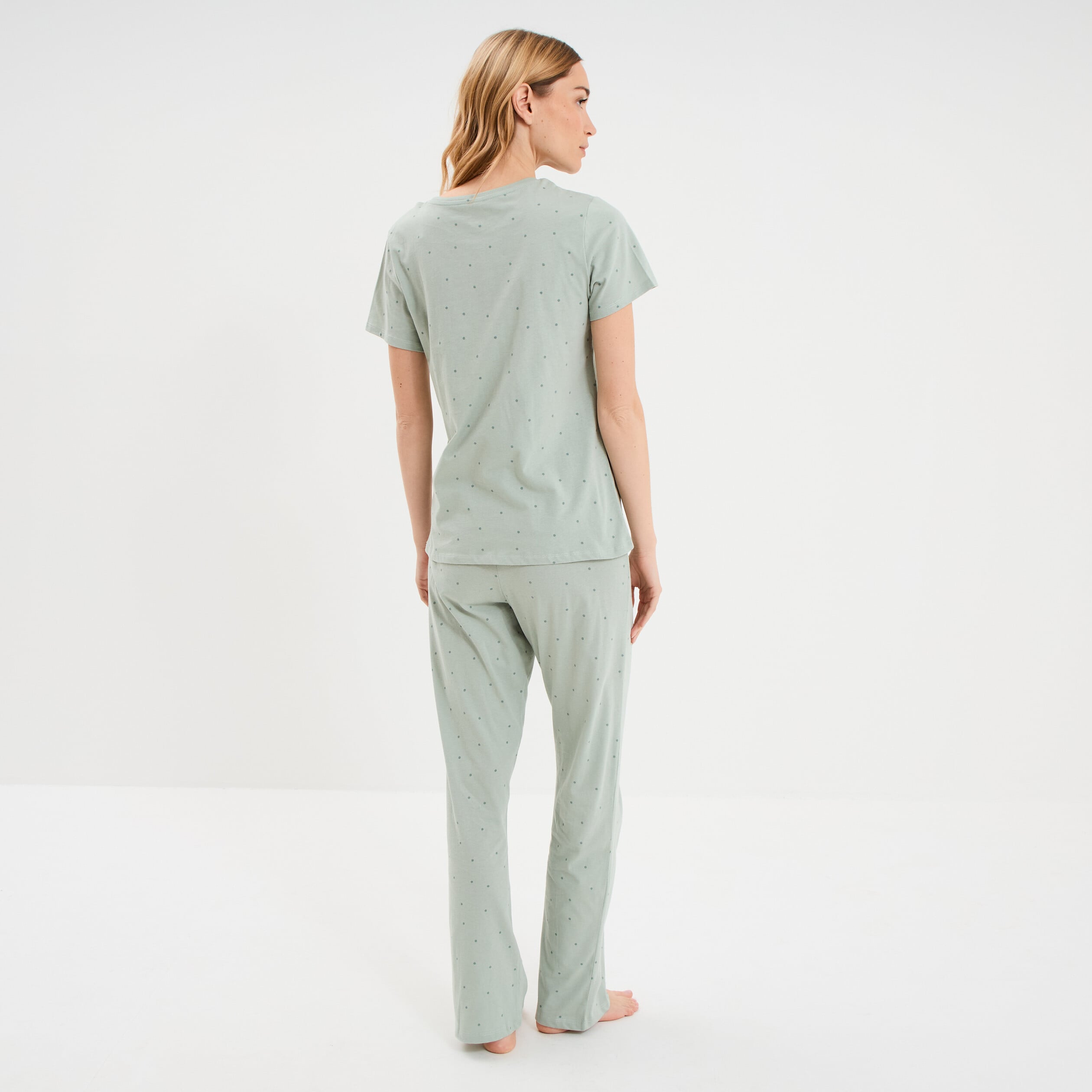 Ensemble pyjama t-shirt pantalon coton vert pastel femme