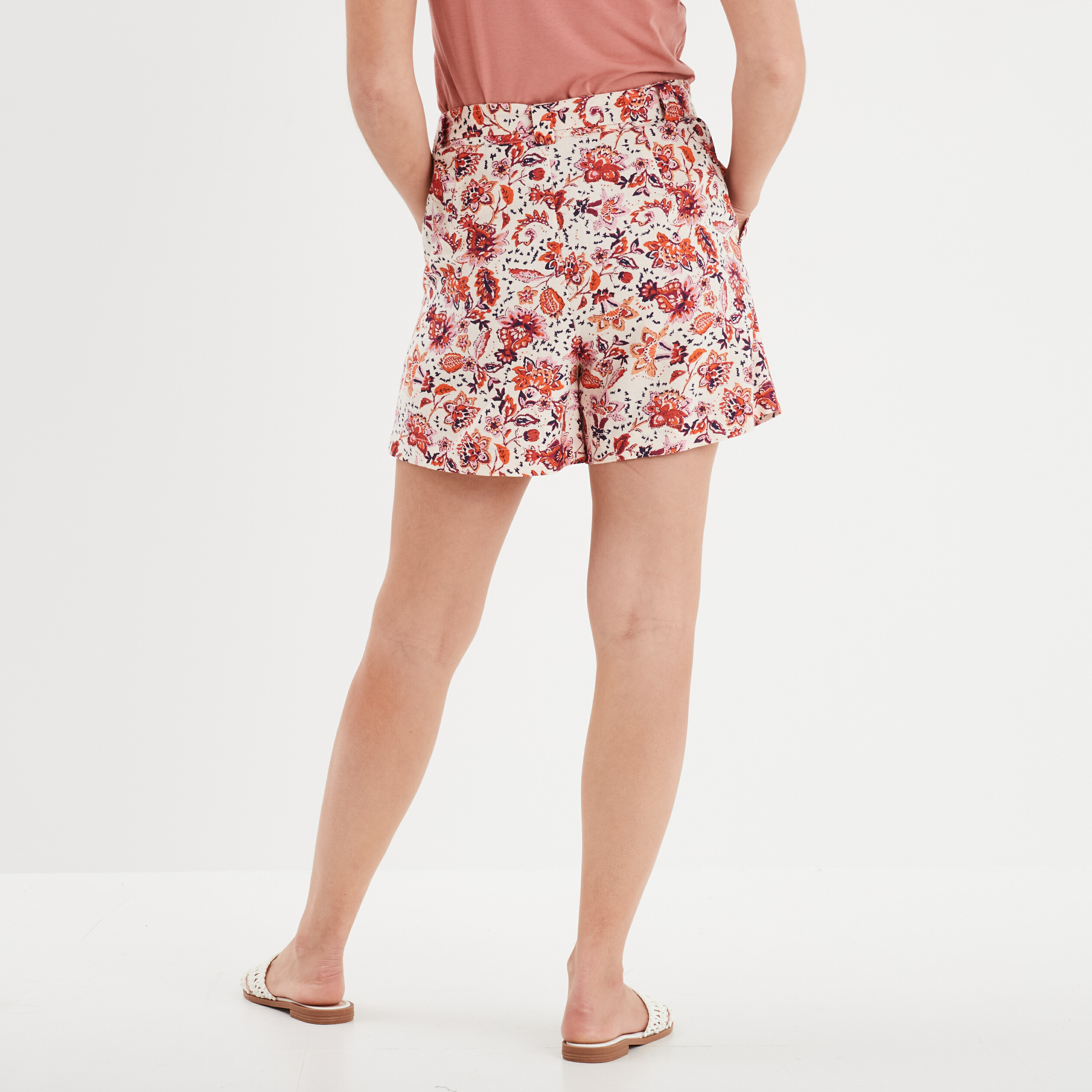 short droit ceinture melange lin ecru femme Short droit ceinturé mélange lin ecru femme