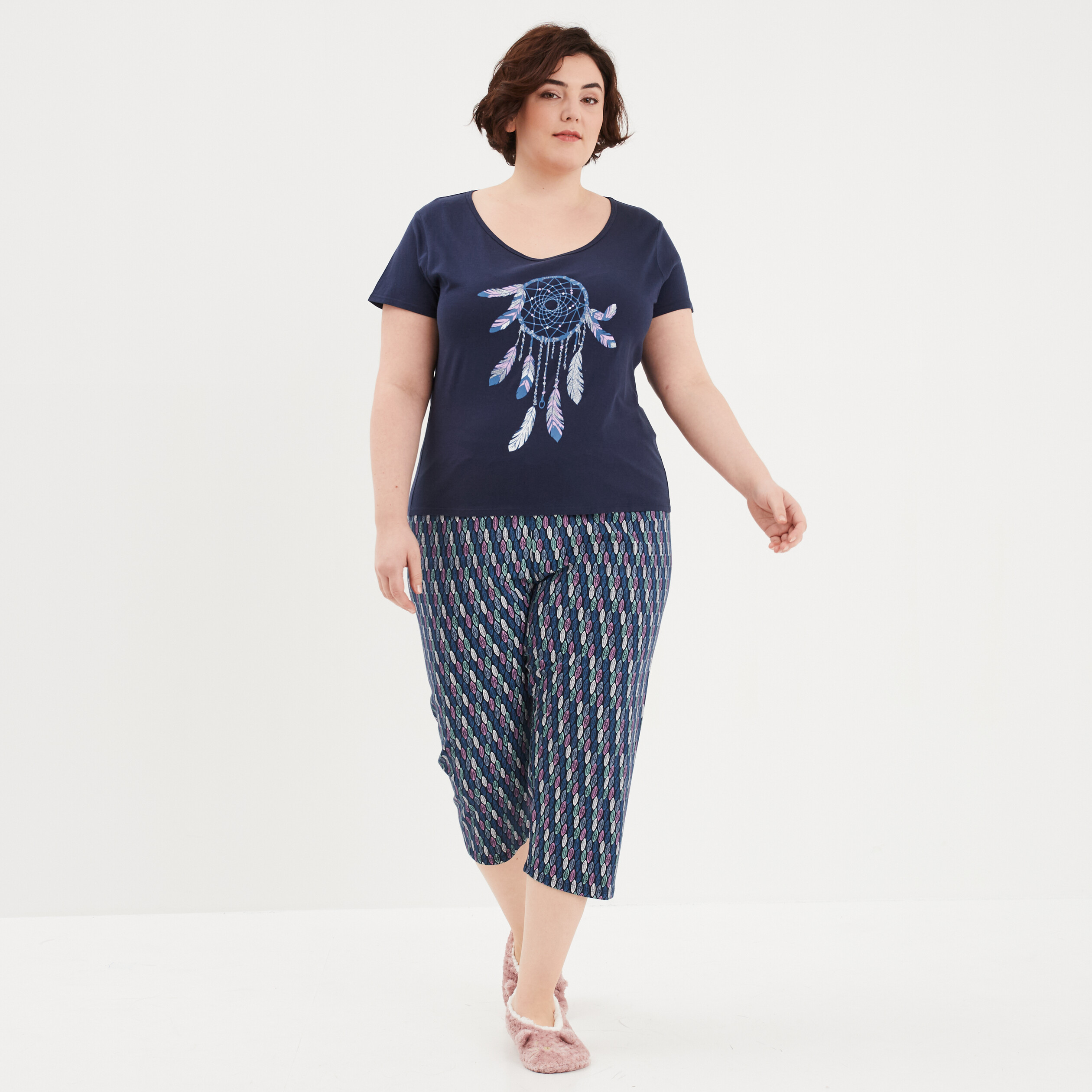 Ensemble pyjama corsaire 2 pi ces coton bleu marine femme grande