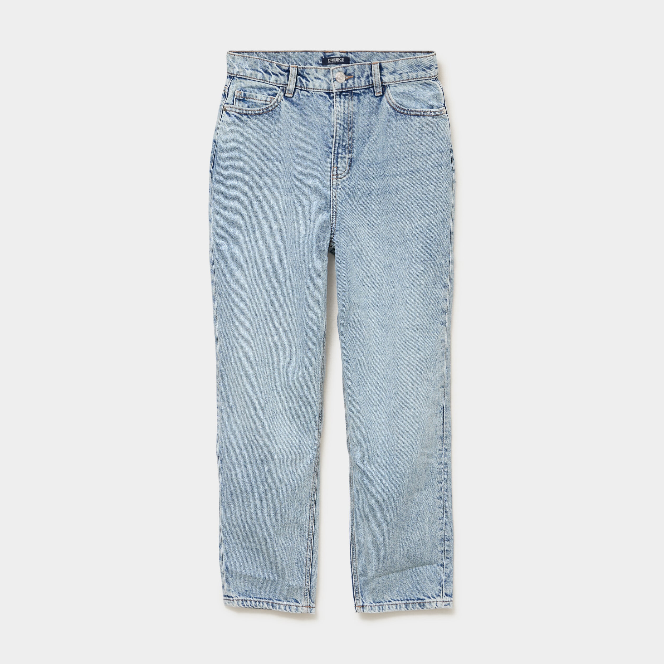 Jeans mom cropped taille haute denim bleach femme