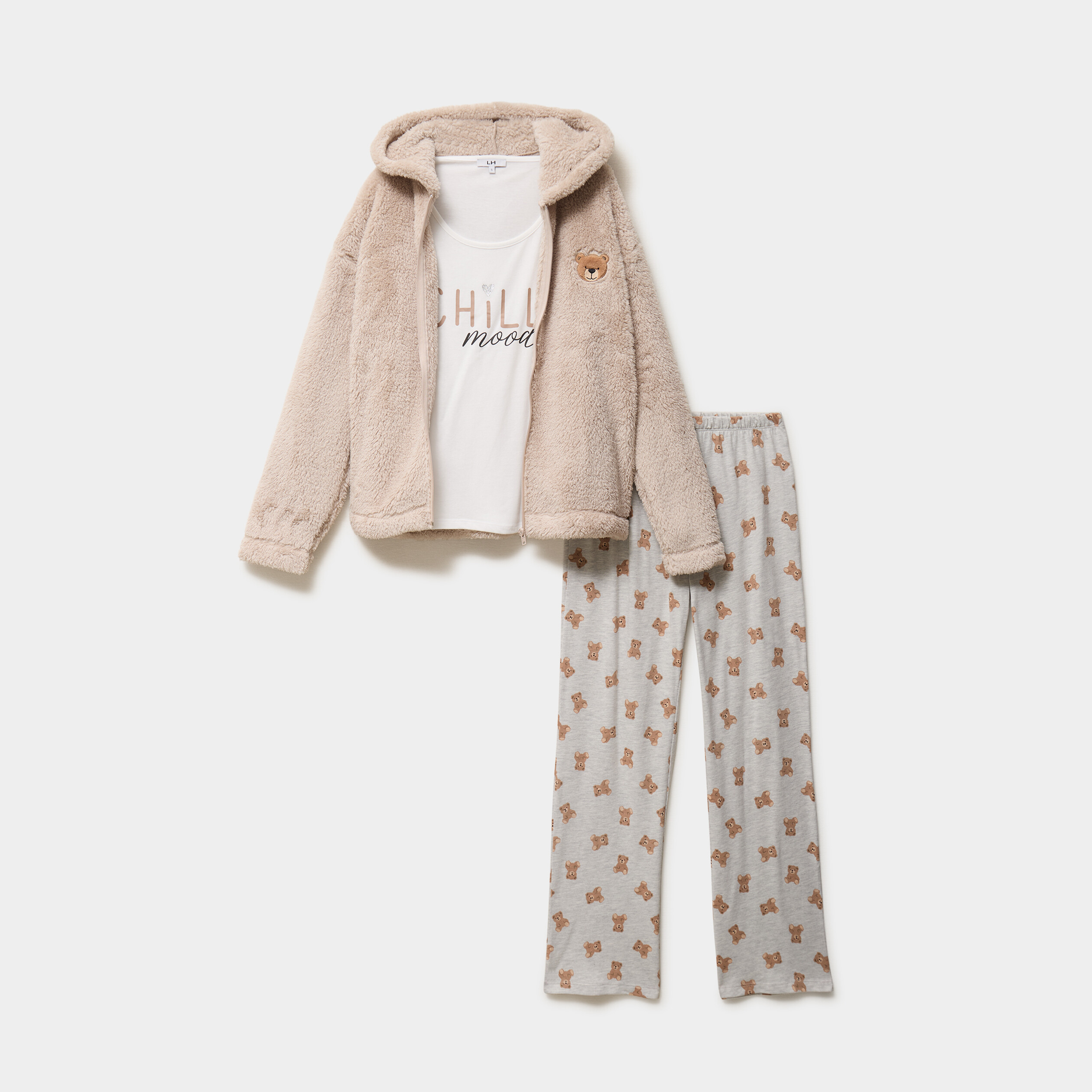 Ensemble pyjama 3 pi&egrave;ces veste polaire ecru femme
