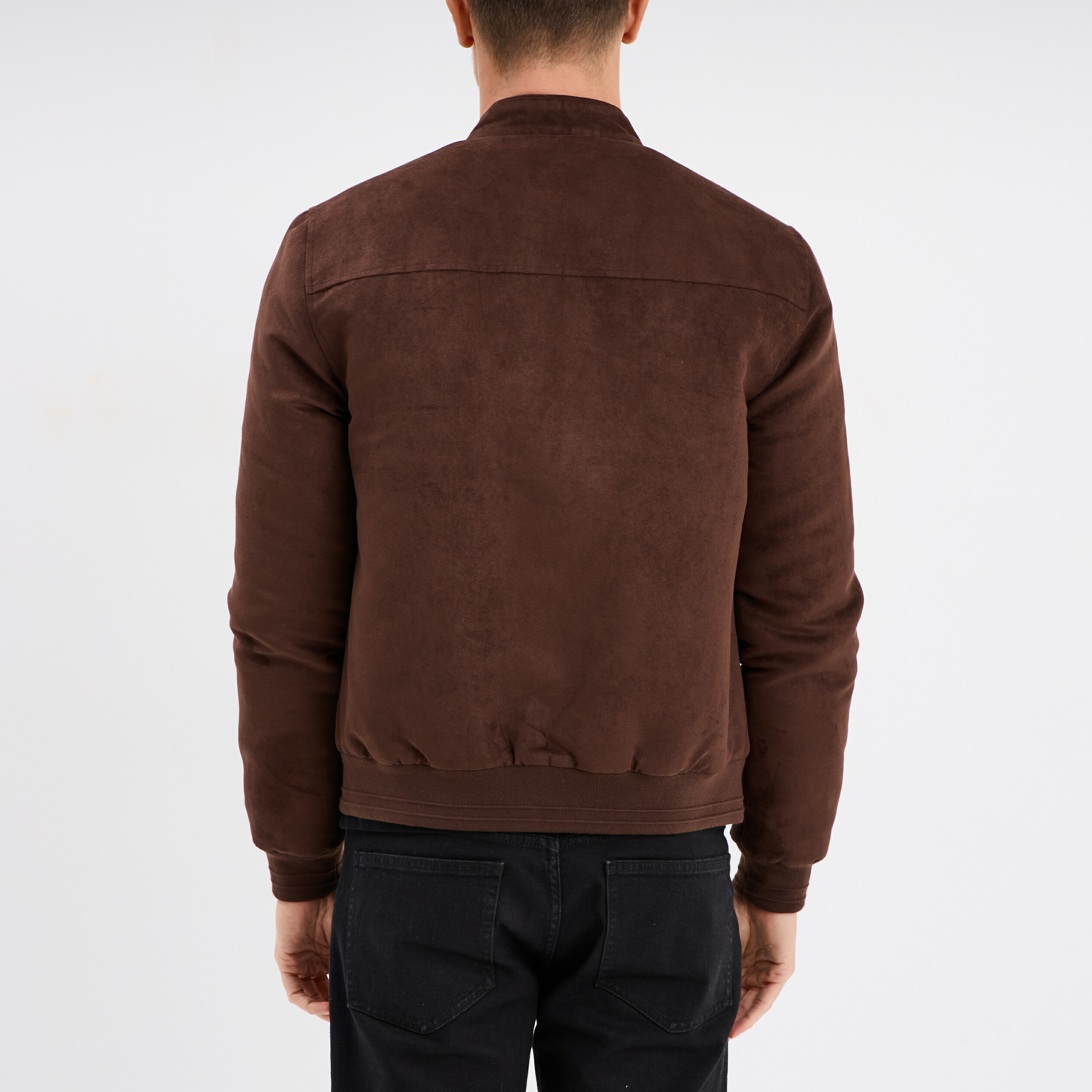 Blouson col biker en su&eacute;dine zipp&eacute; marron fonc&eacute; homme