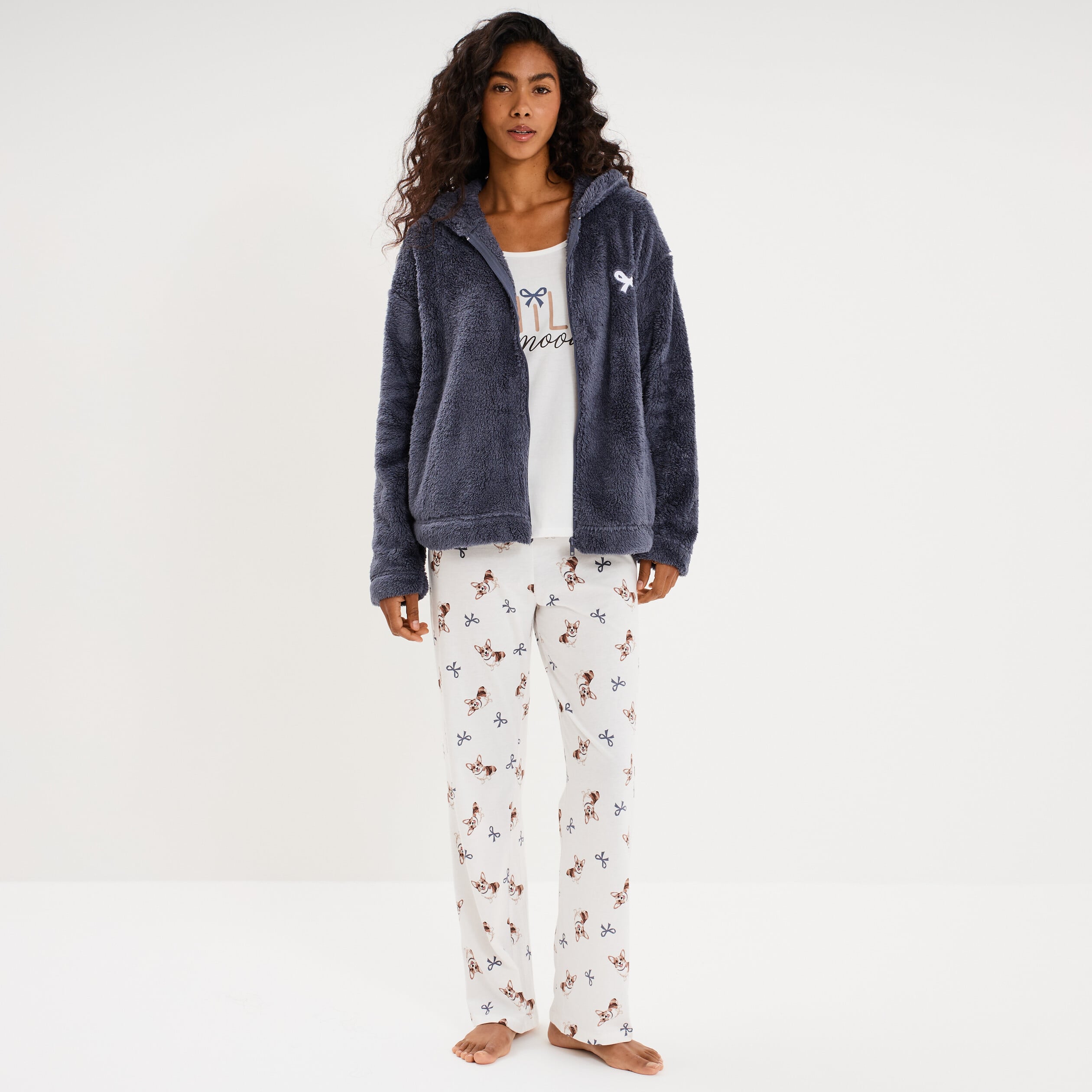 Ensemble pyjama 3 pi&egrave;ces veste polaire ecru femme