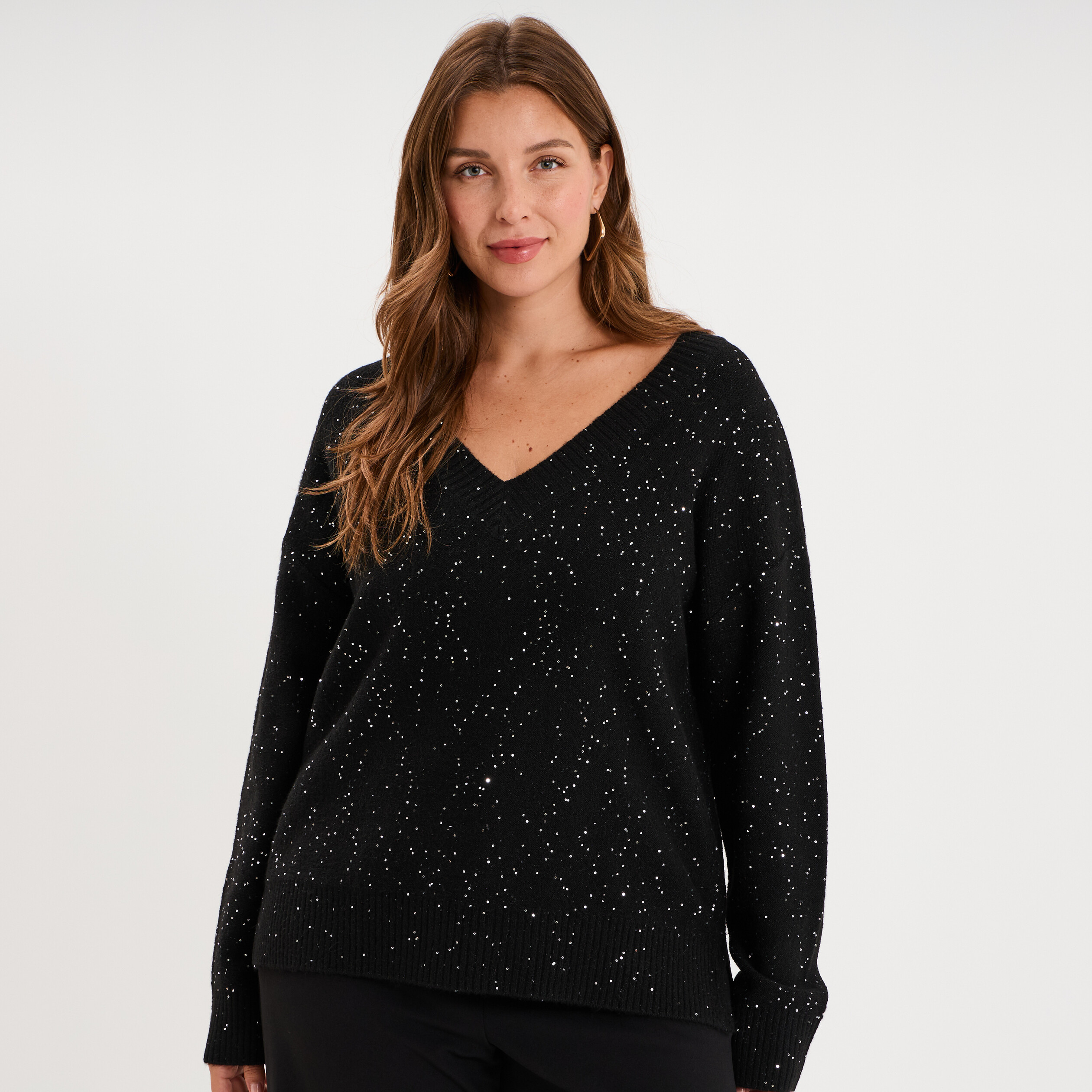 Pull droit sequins col V manches longues noir femme grande taille