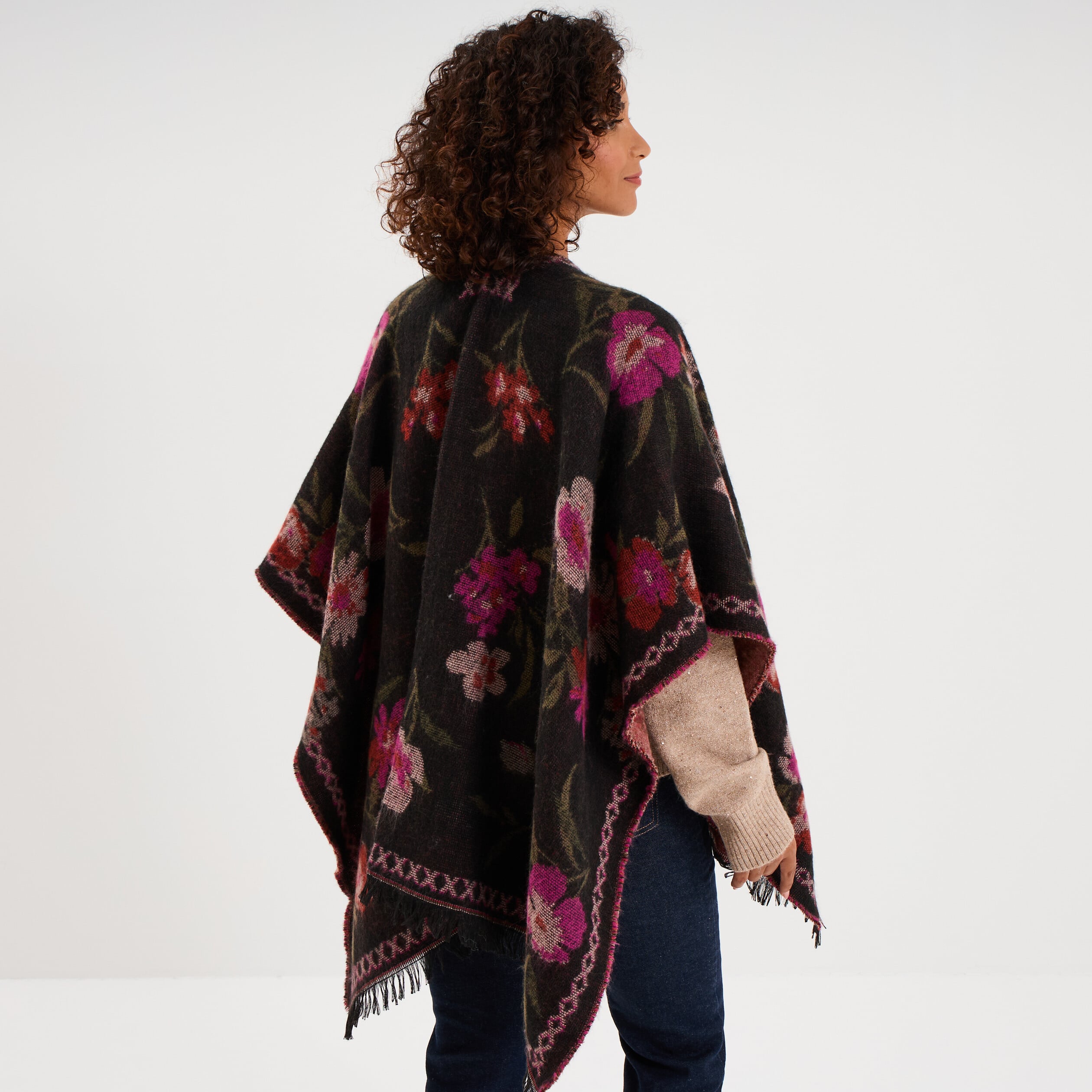 Poncho mi-long avec franges multicolore femme