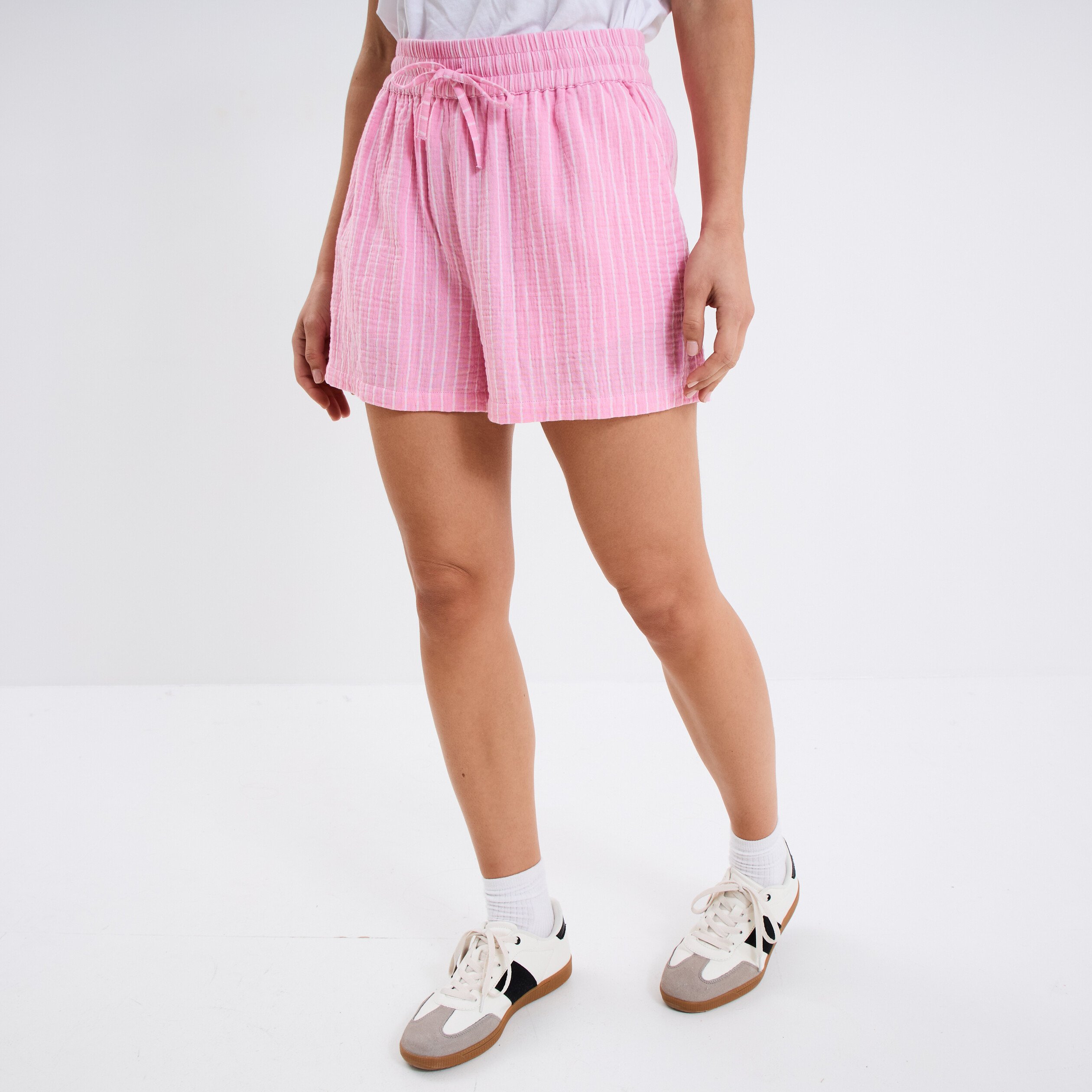 short taille elastiquee gaze de coton rose vif femme Short taille élastiquée gaze de coton rose vif femme