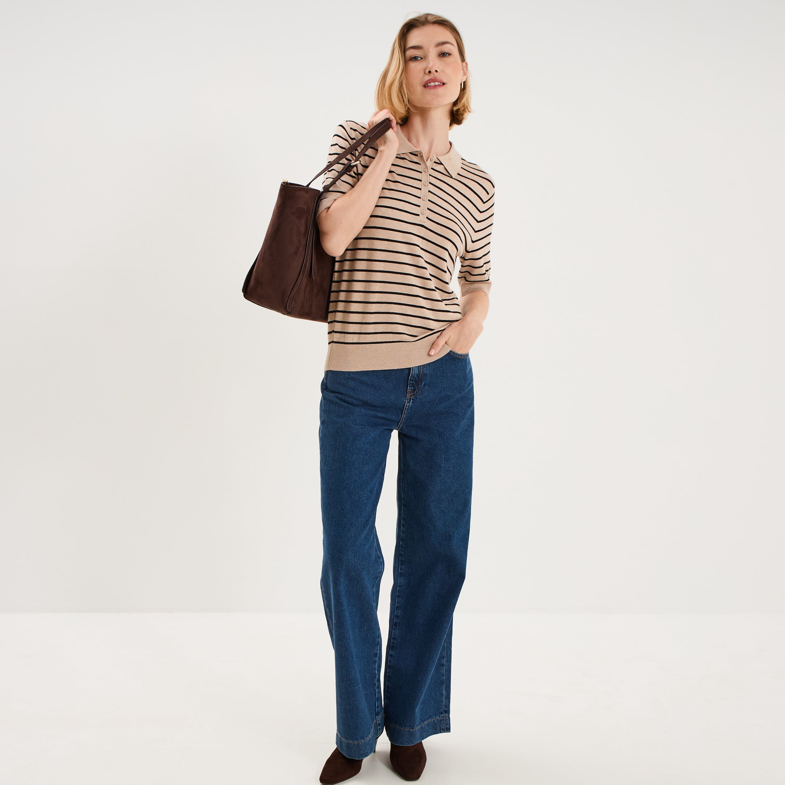 Pull col polo manches courtes beige clair femme