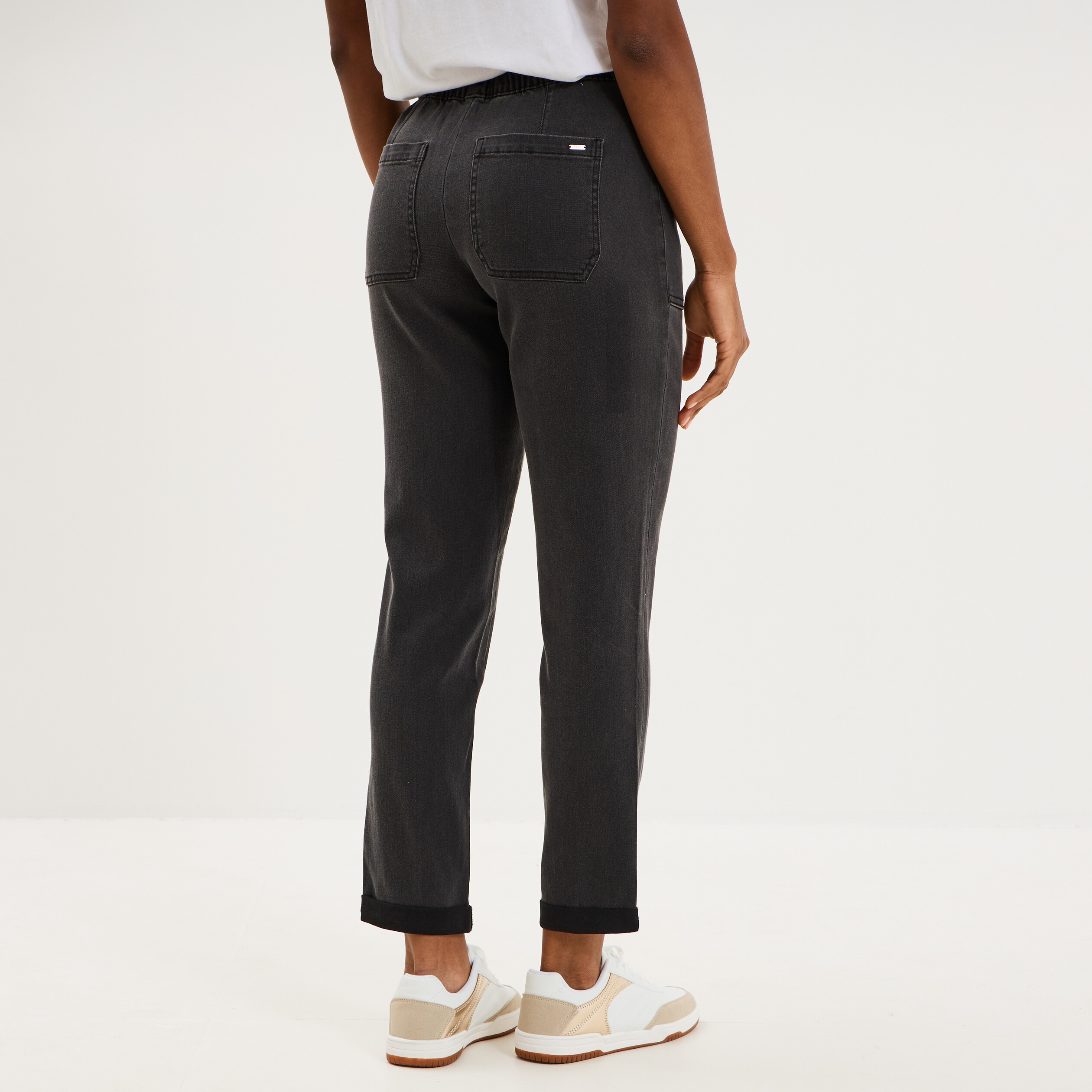 Jeans droit cropped taille &eacute;lastiqu&eacute;e denim noir femme