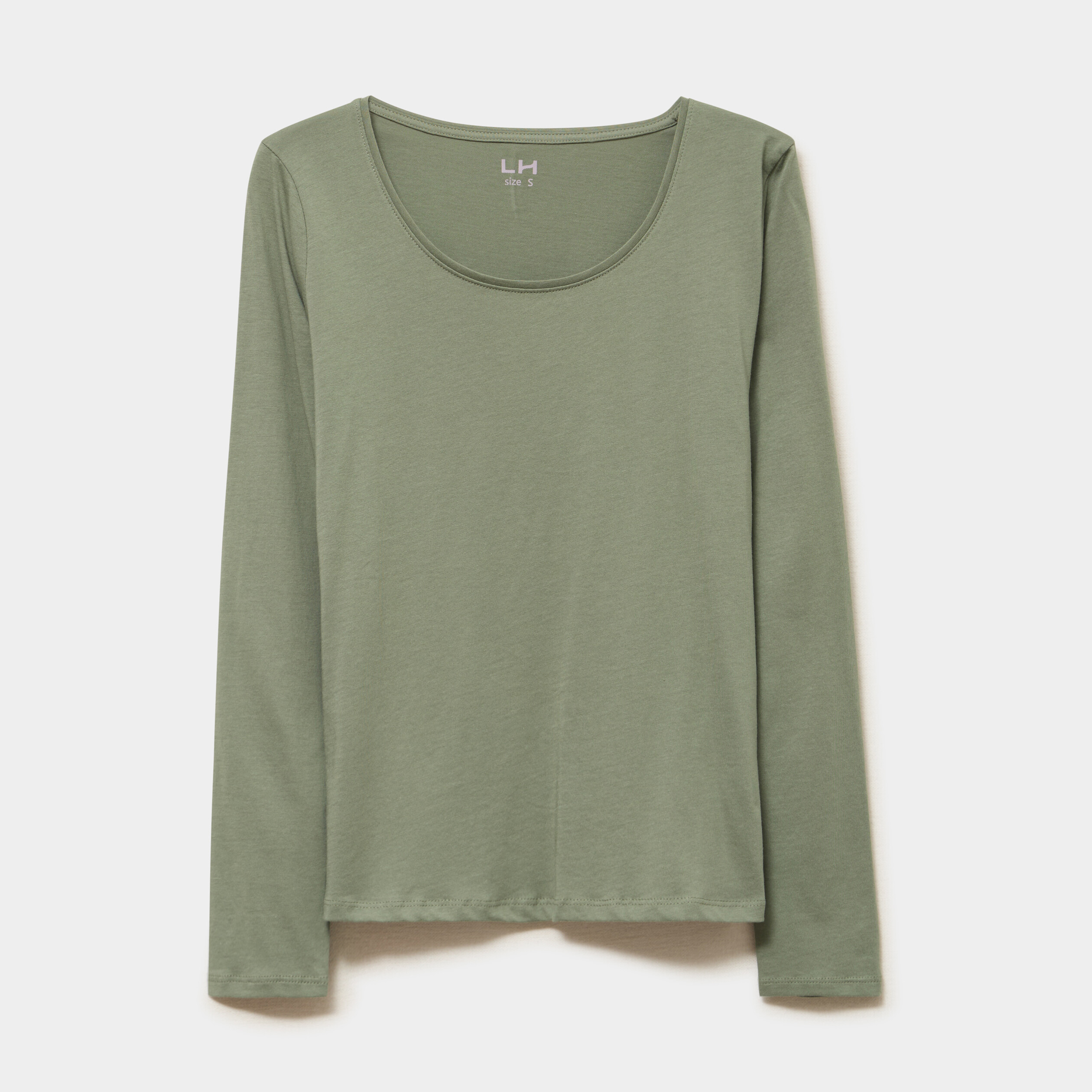 T-shirt coton col rond manches longues vert kaki femme