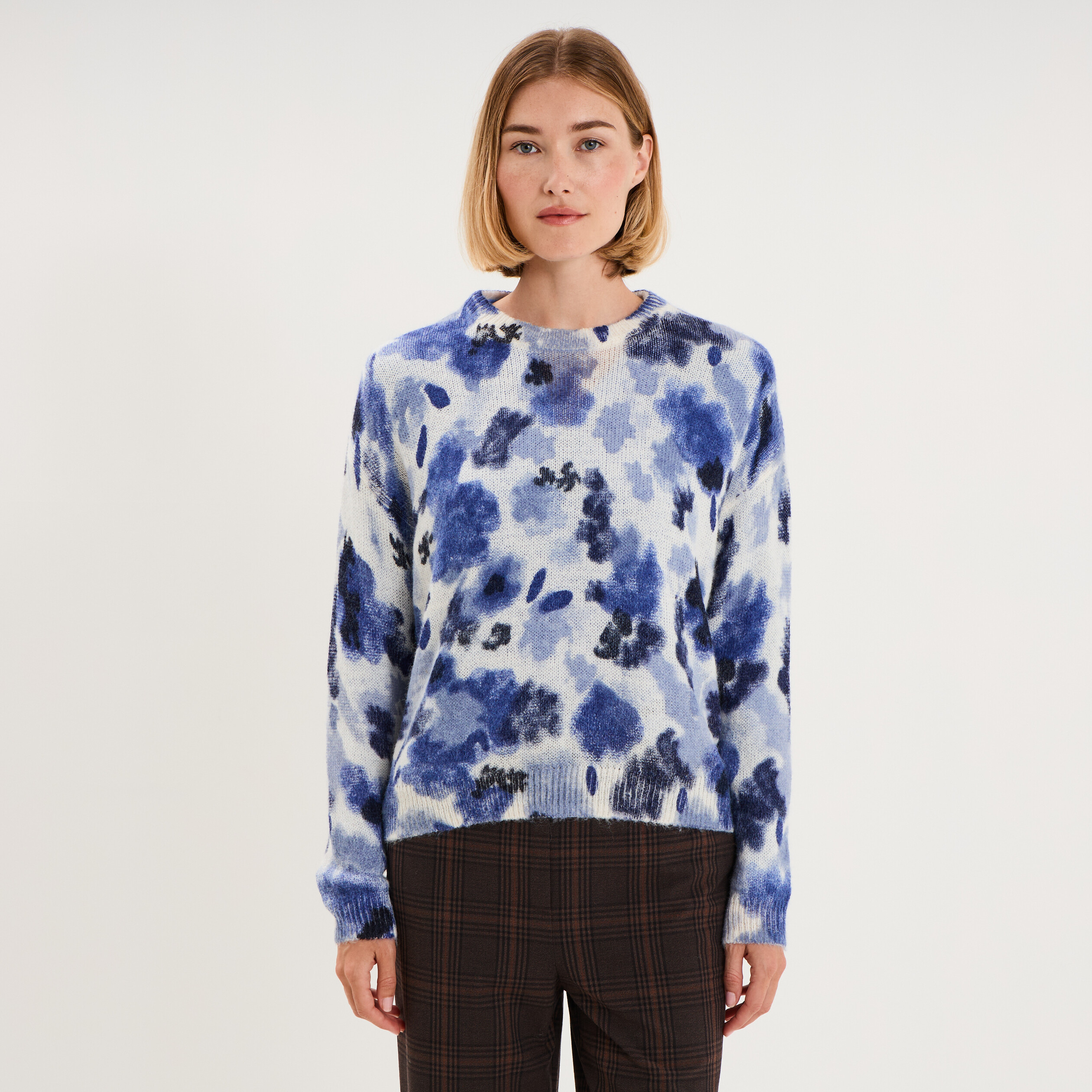 Pull col rond manches longues relax bleu clair femme
