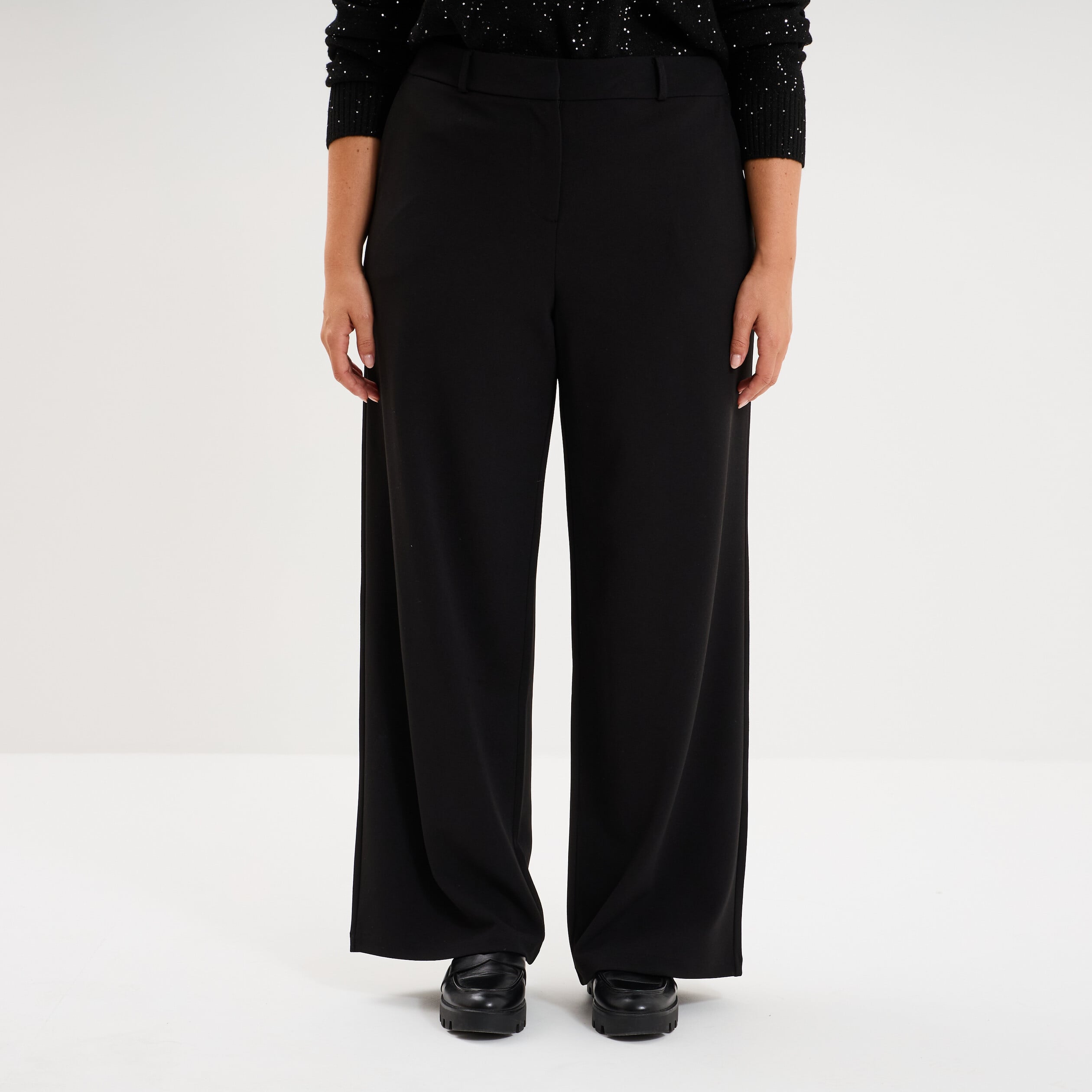 Pantalon effet cr&ecirc;pe long coupe large noir femme grande taille