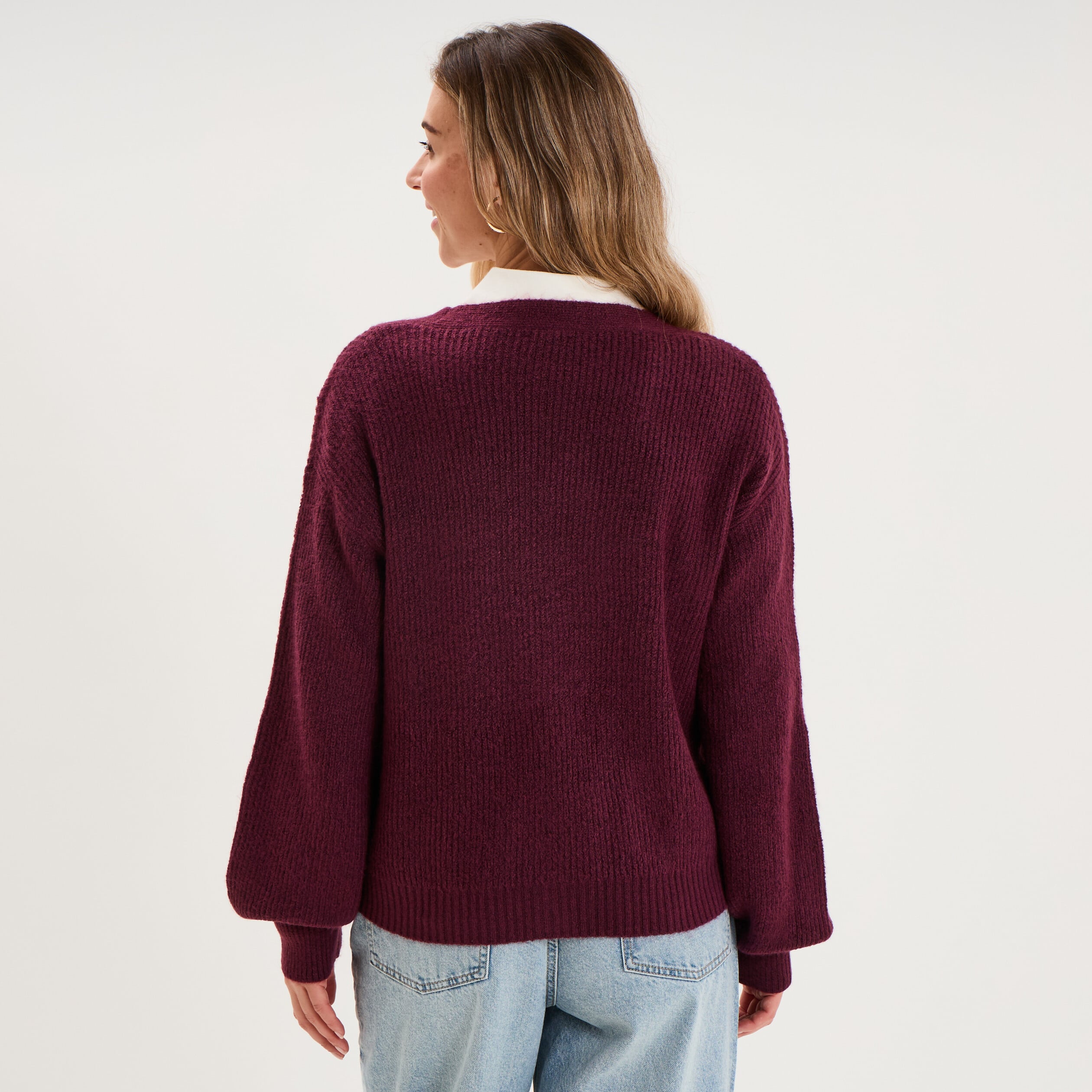 Gilet col en V manches longues ballon prune femme