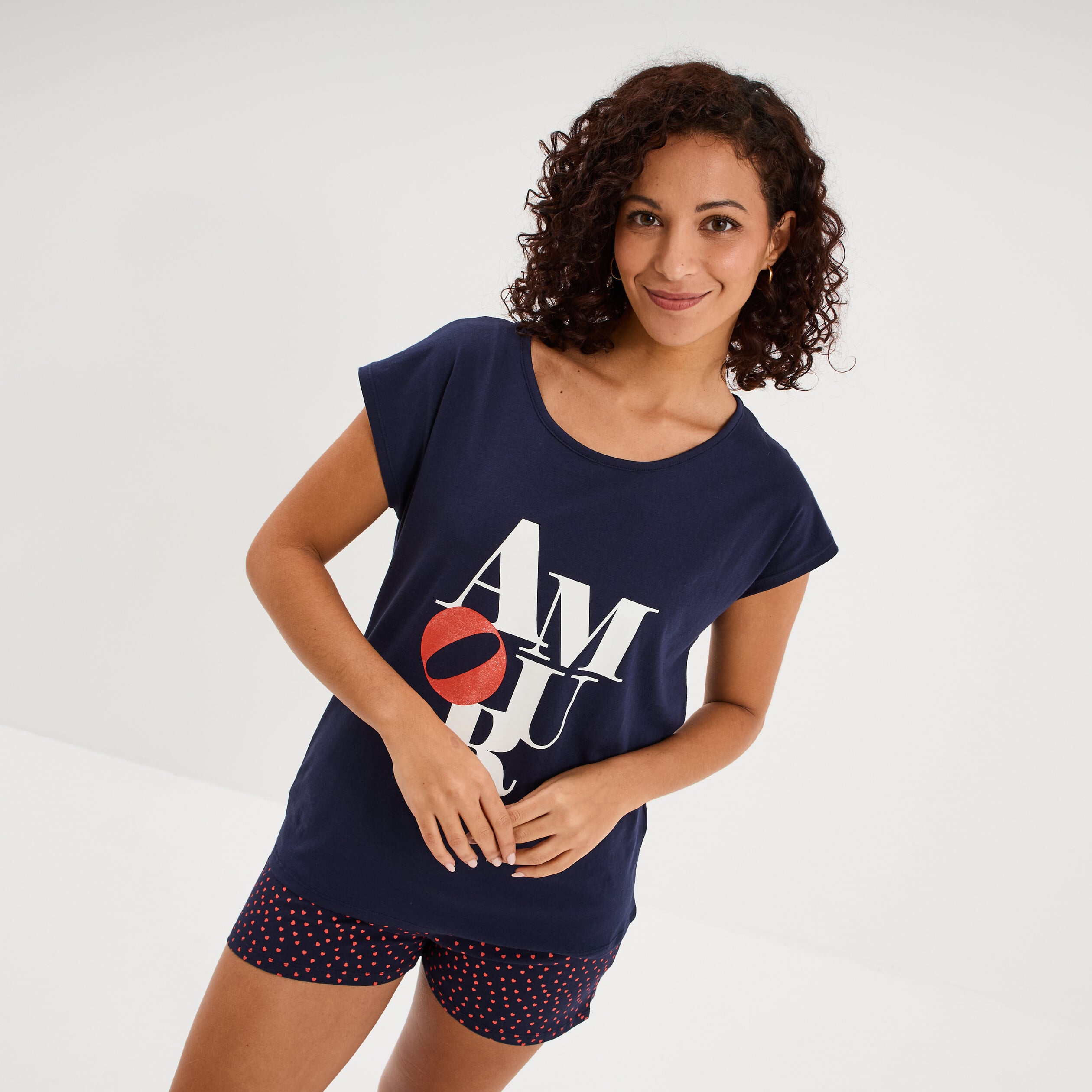 Ensemble pyjama t-shirt et short coton bleu marine femme