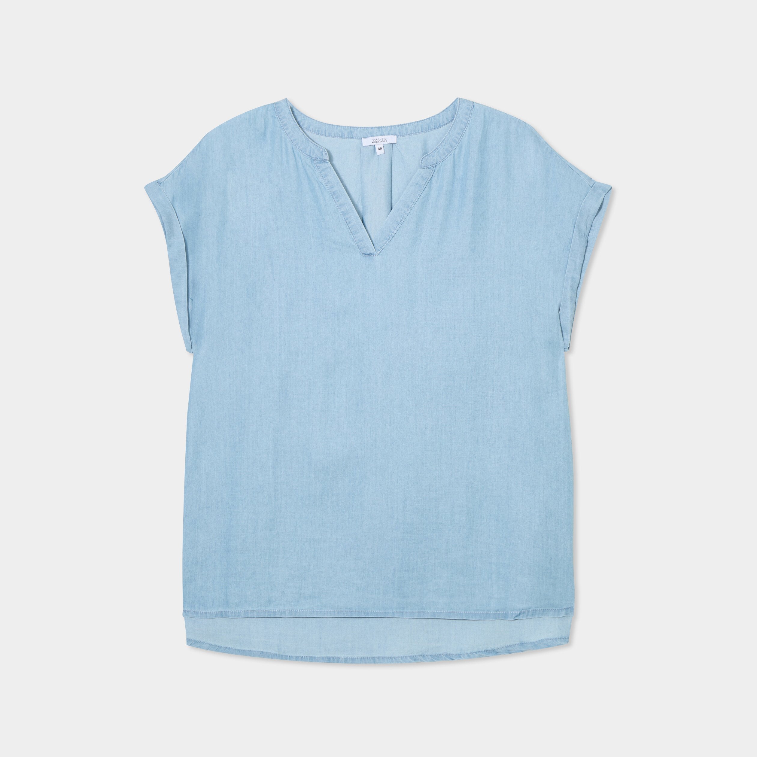 blouse col tunisien manches courtes bleu clair femmegt Blouse col tunisien manches courtes bleu clair femme grande taille