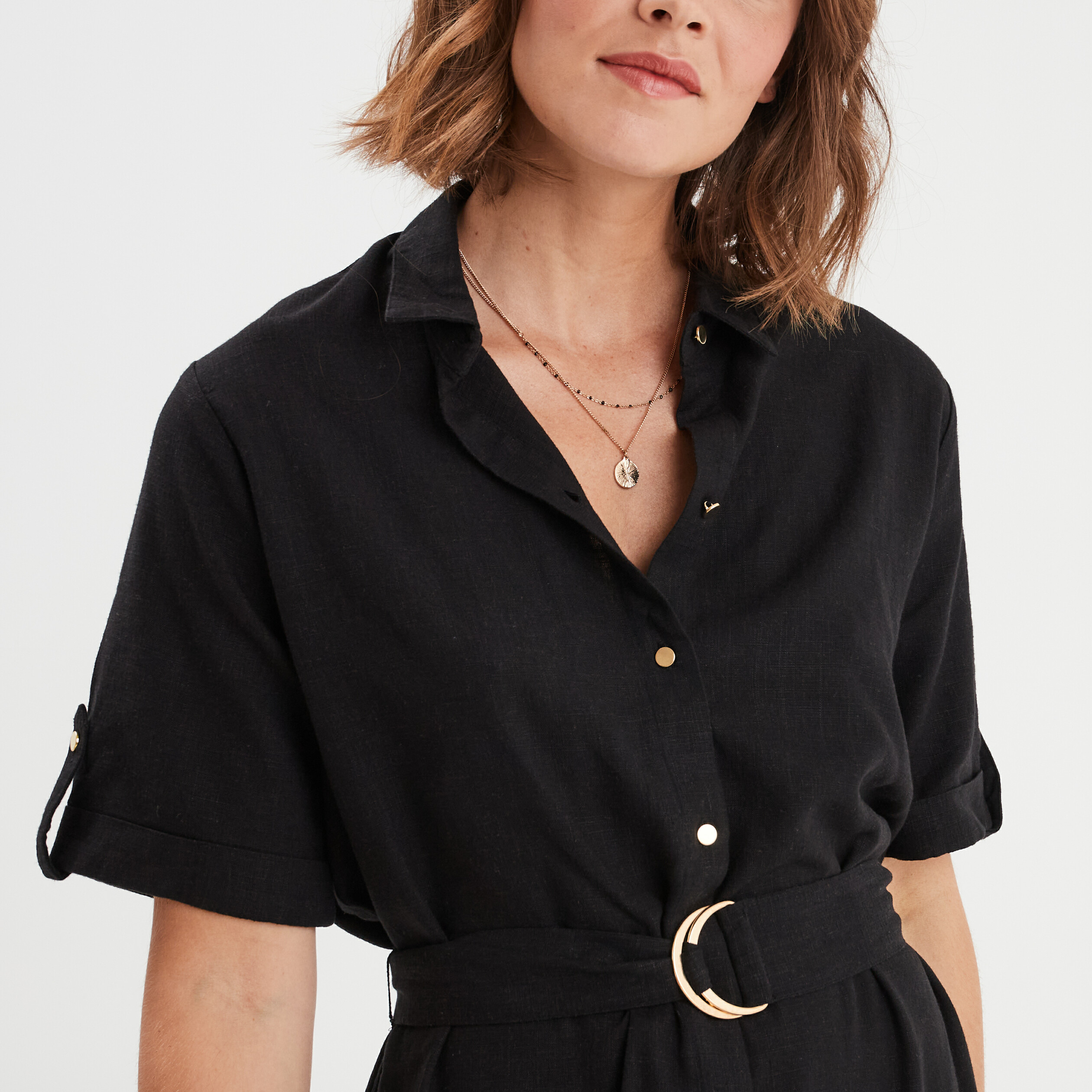 robe chemise midi boutonnee ceinturee noir femme Robe chemise midi boutonnée ceinturée noir femme