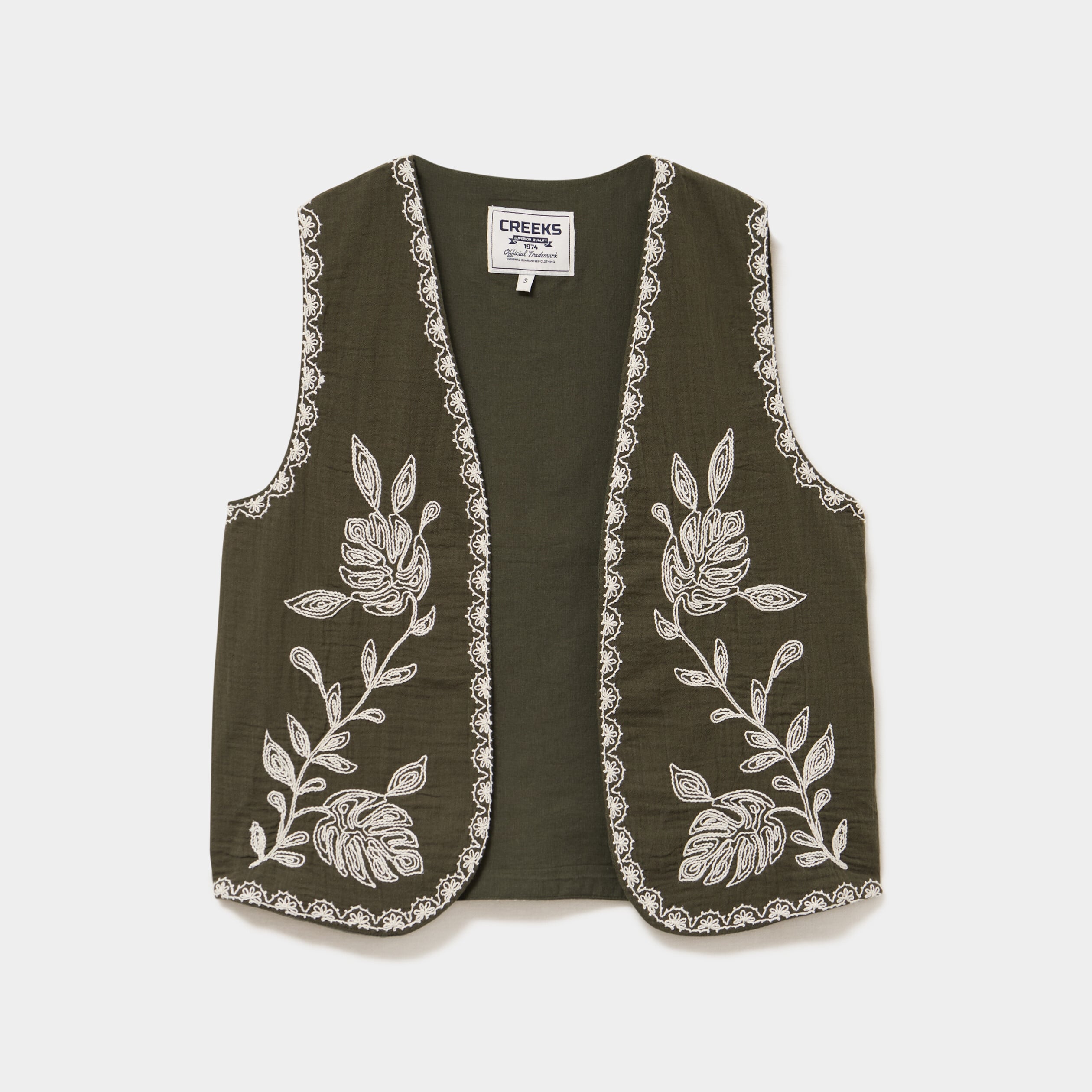 Gilet sans manches brod&eacute; gaze de coton vert kaki femme