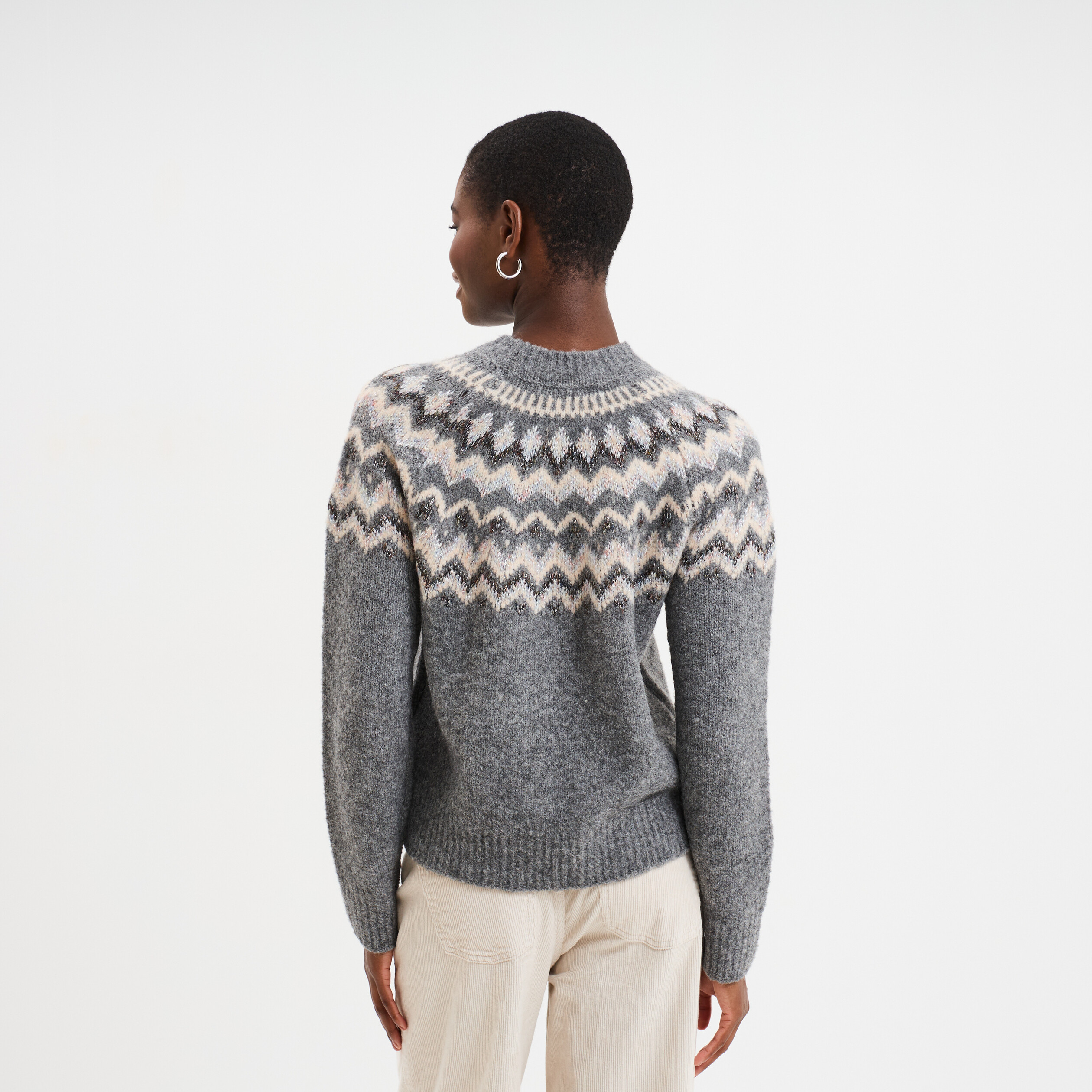Pull col rond jacquard manches longues gris clair femme