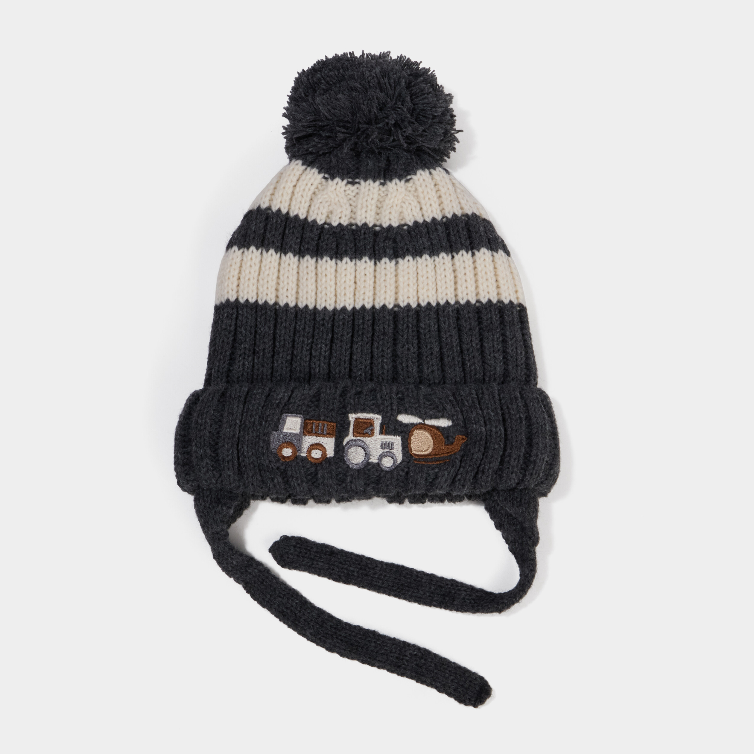 Bonnet brod&eacute; &agrave; pompon gris fonc&eacute; b&eacute;b&eacute; gar&ccedil;on