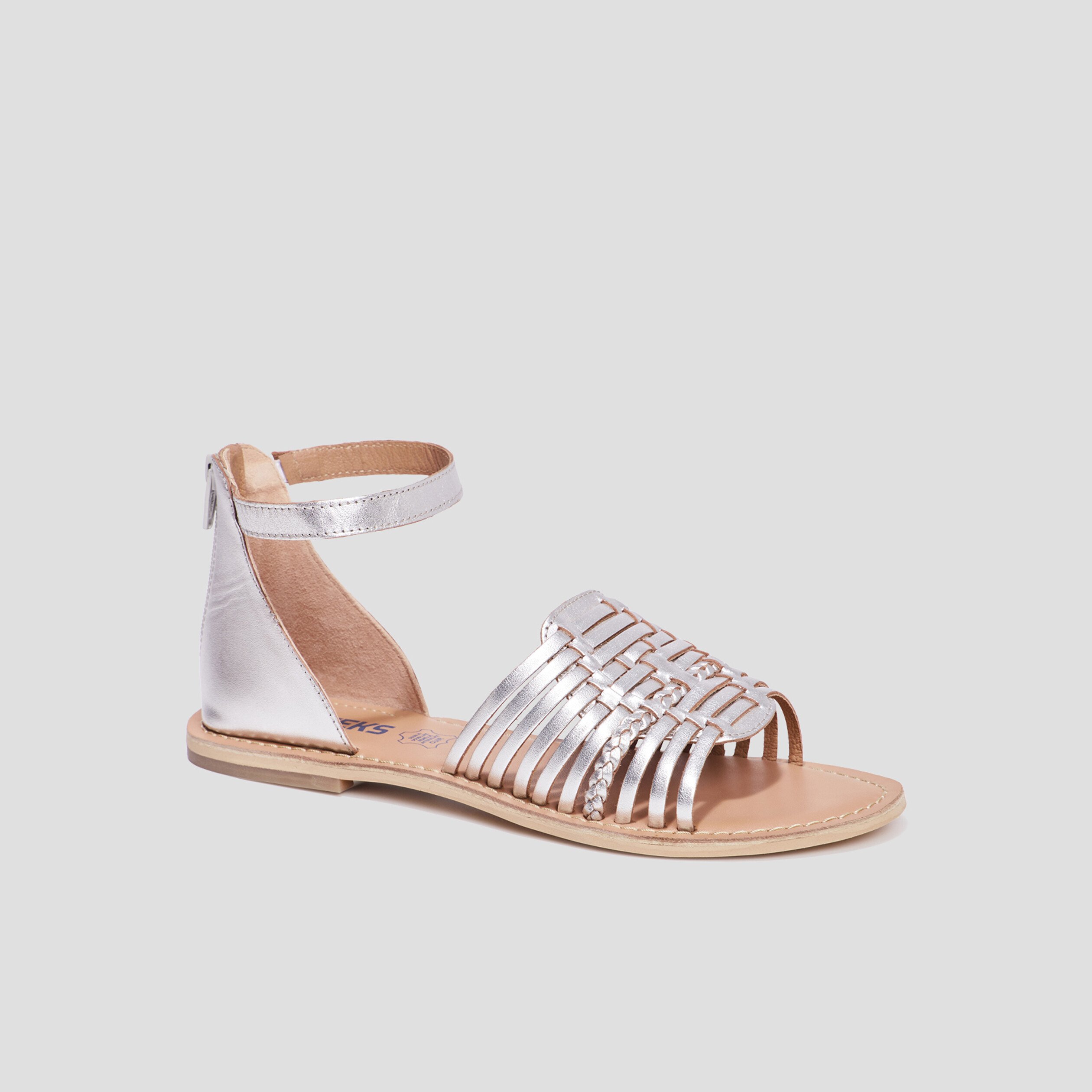 sandales plates a brides en cuir creeks gris argent femme Sandales plates à brides en cuir Creeks gris argent femme