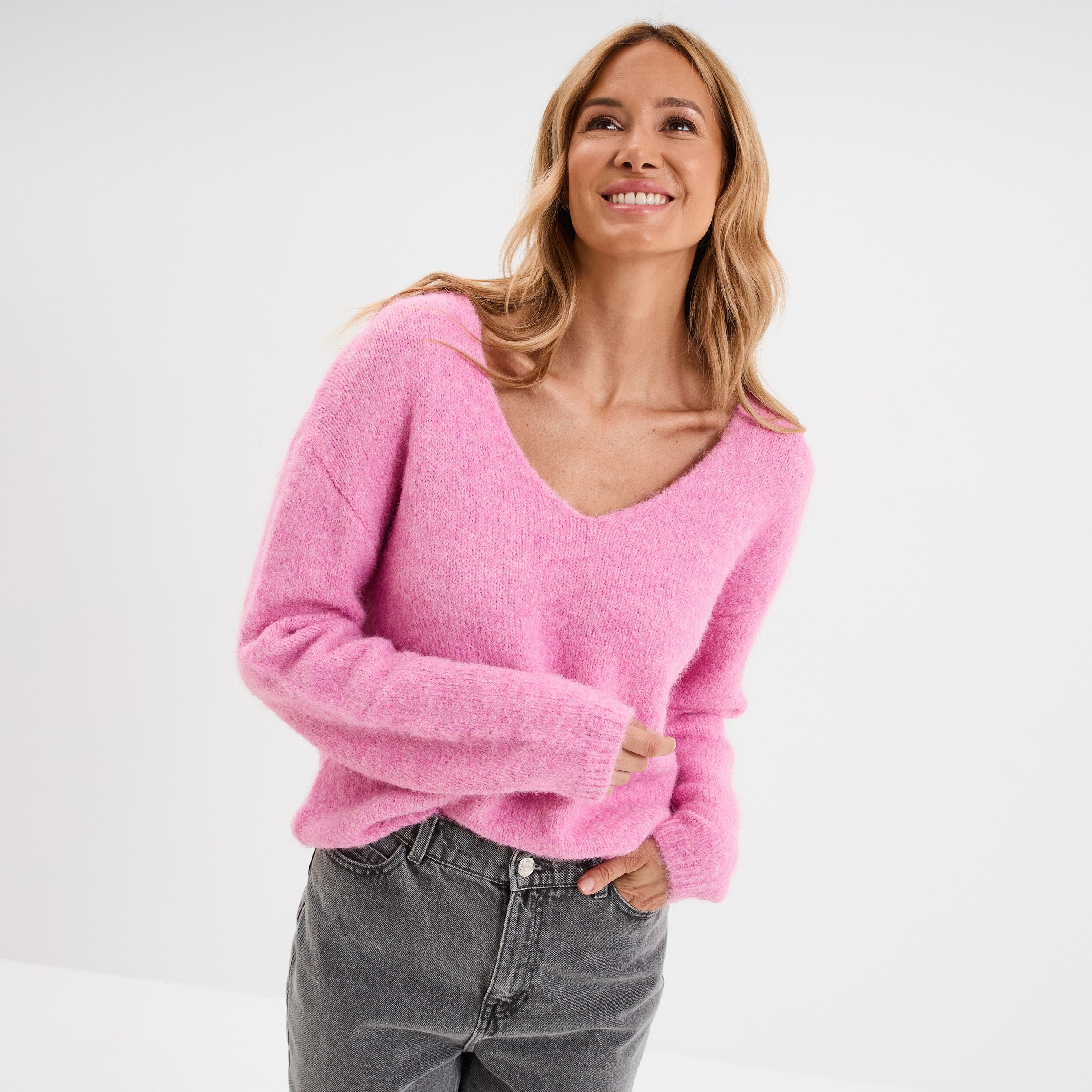 Pull col en V manches longues rose fushia femme | La Halle