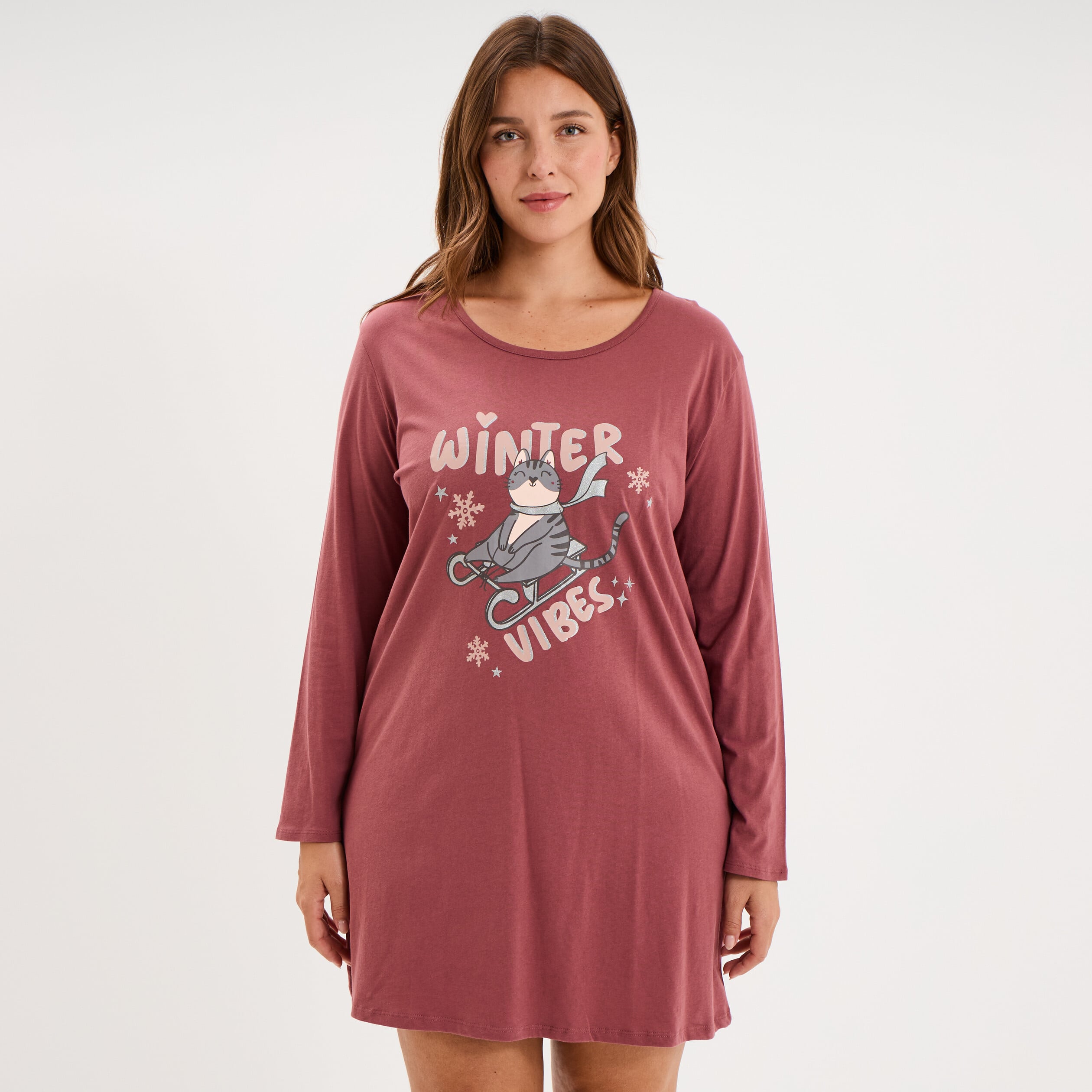 Chemise de nuit manches longues coton rose framboise femme grande taille
